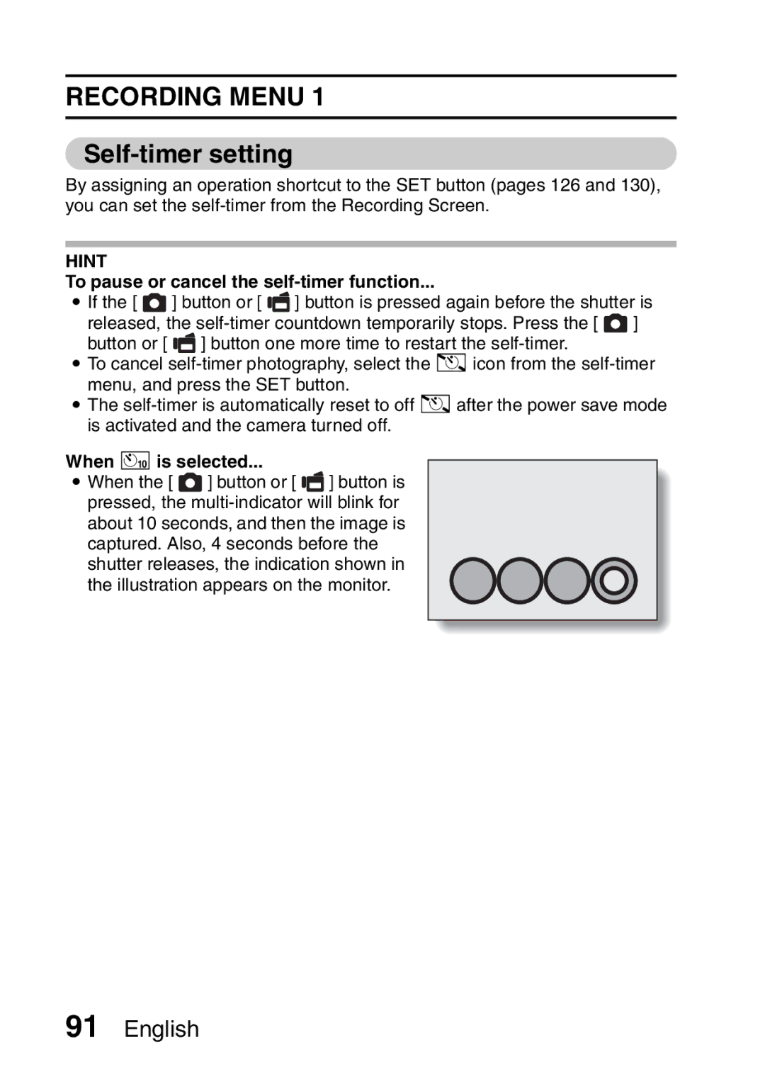 Sanyo VPC-FH1EX, VPC-FH1GX Self-timer setting, To pause or cancel the self-timer function, When xis selected 