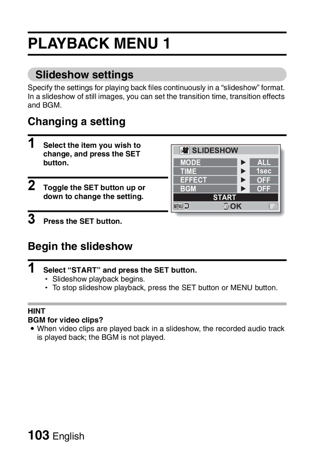 Sanyo VPC-FH1EX, VPC-FH1GX instruction manual Playback Menu, Slideshow settings, Changing a setting, Begin the slideshow 