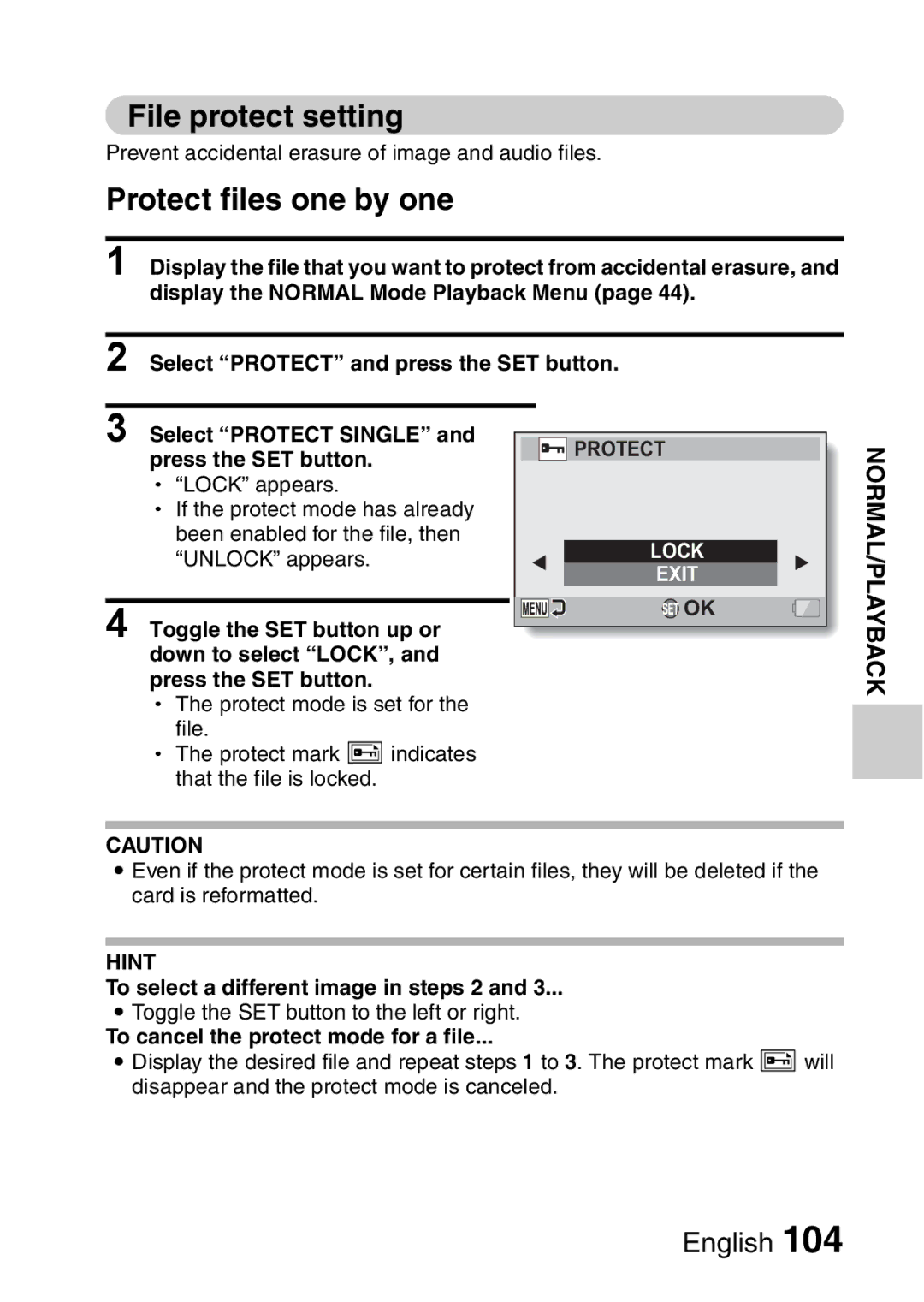 Sanyo VPC-FH1GX File protect setting, Protect files one by one, Unlock appears, To select a different image in steps 2 