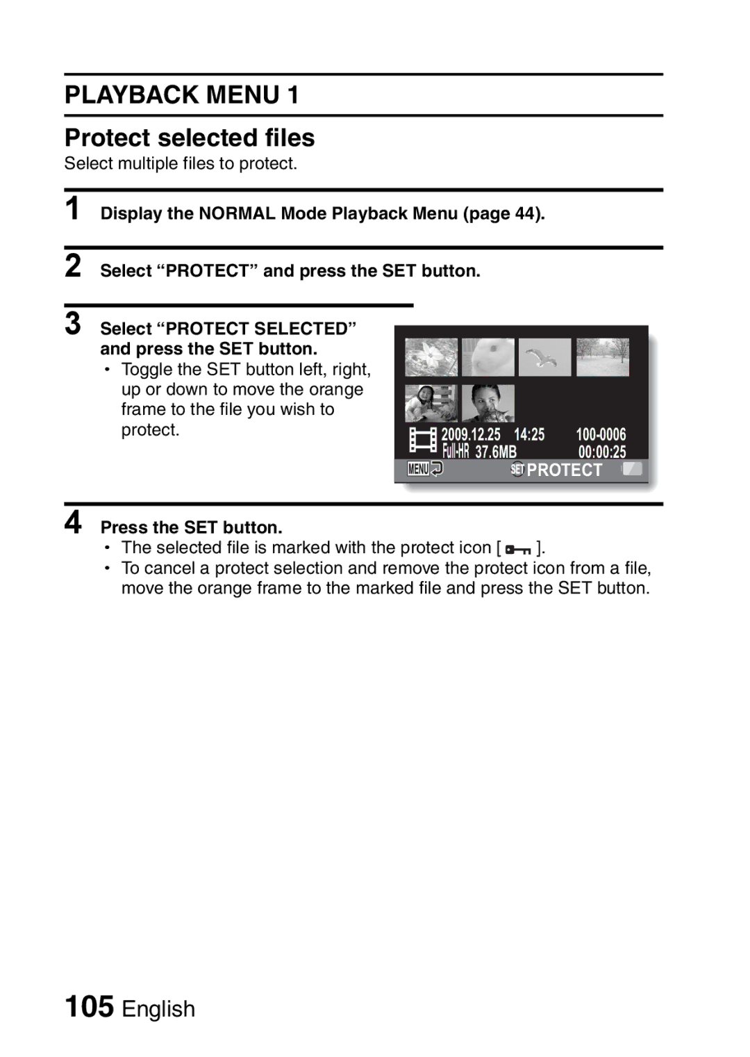 Sanyo VPC-FH1EX, VPC-FH1GX instruction manual Playback Menu, Protect selected files 