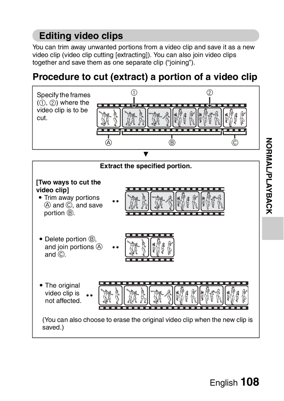 Sanyo VPC-FH1EX, VPC-FH1GX instruction manual Editing video clips, Procedure to cut extract a portion of a video clip 