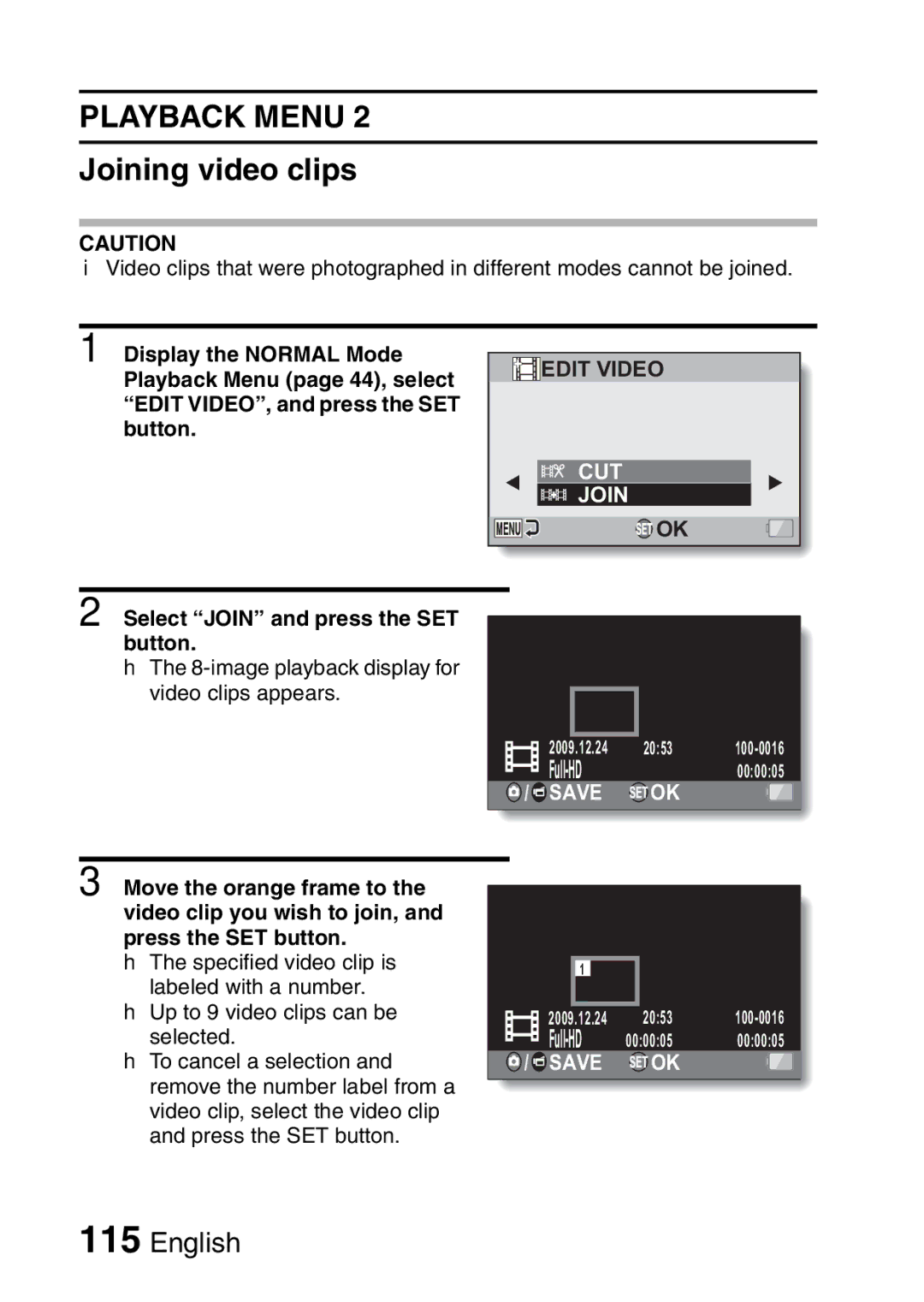 Sanyo VPC-FH1EX, VPC-FH1GX instruction manual Joining video clips, Select Join and press the SET button 