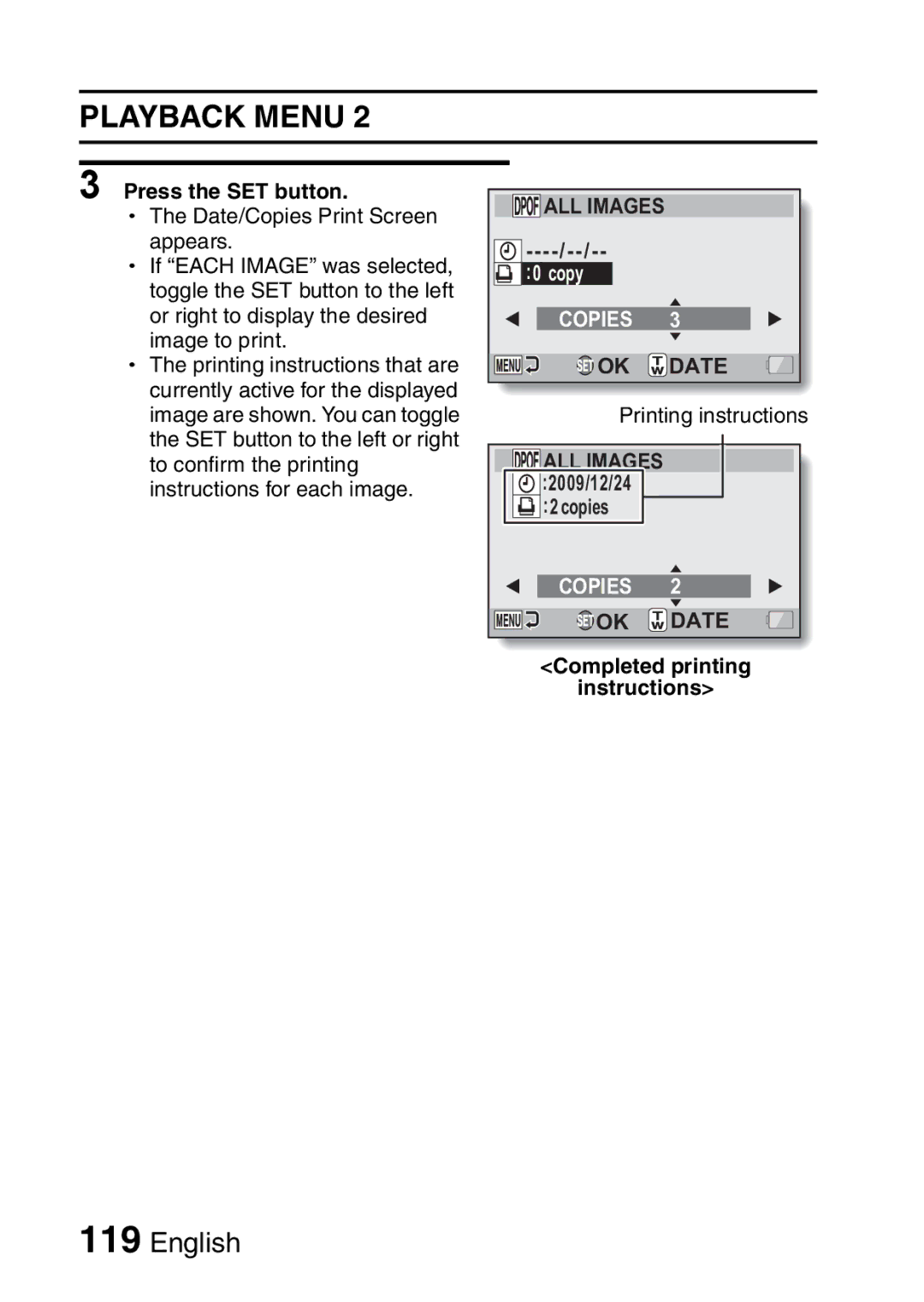 Sanyo VPC-FH1GX, VPC-FH1EX instruction manual Press the SET button, Completed printing Instructions 