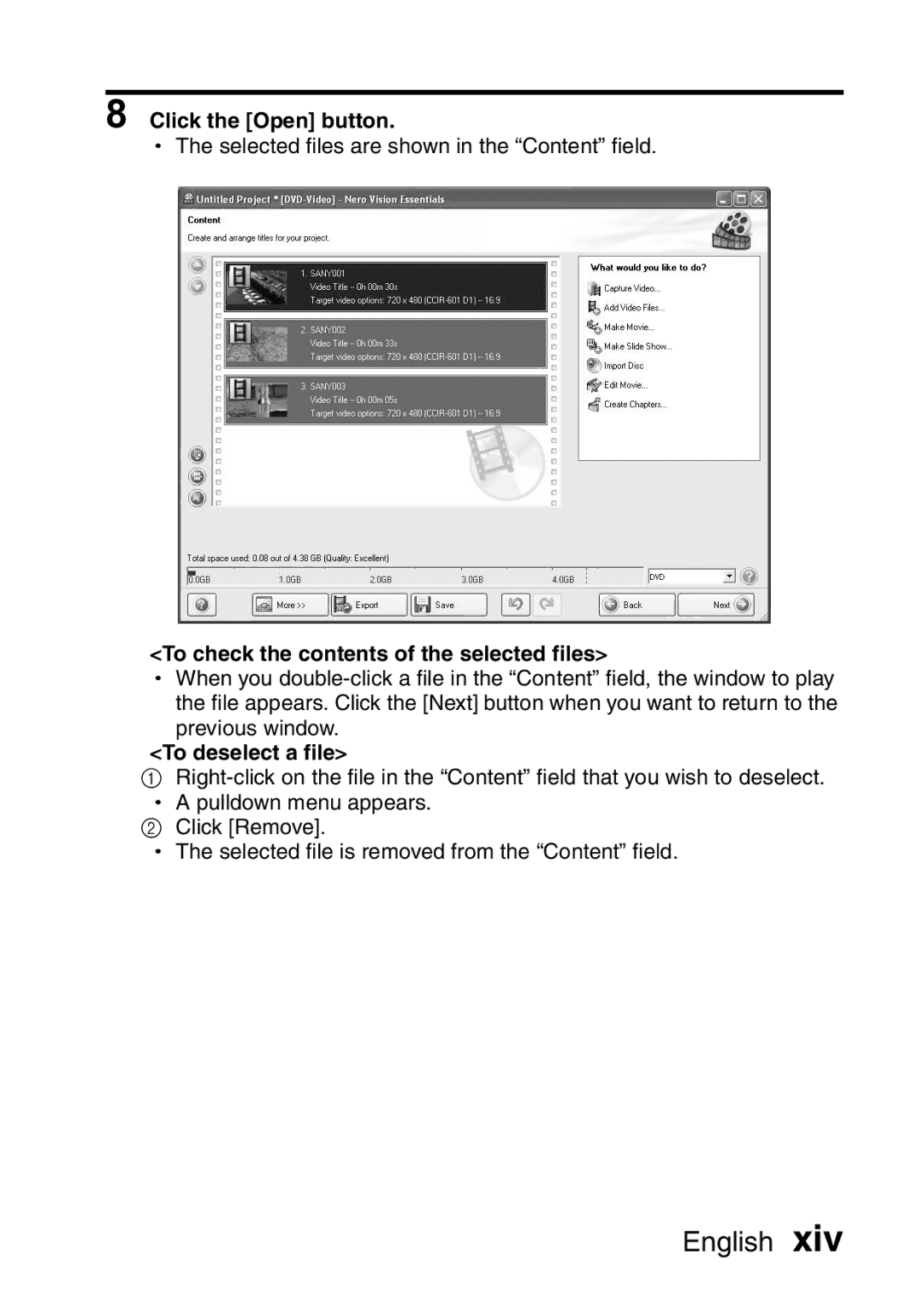 Sanyo VPC-FH1EX, VPC-FH1GX Click the Open button, To check the contents of the selected files, To deselect a file 