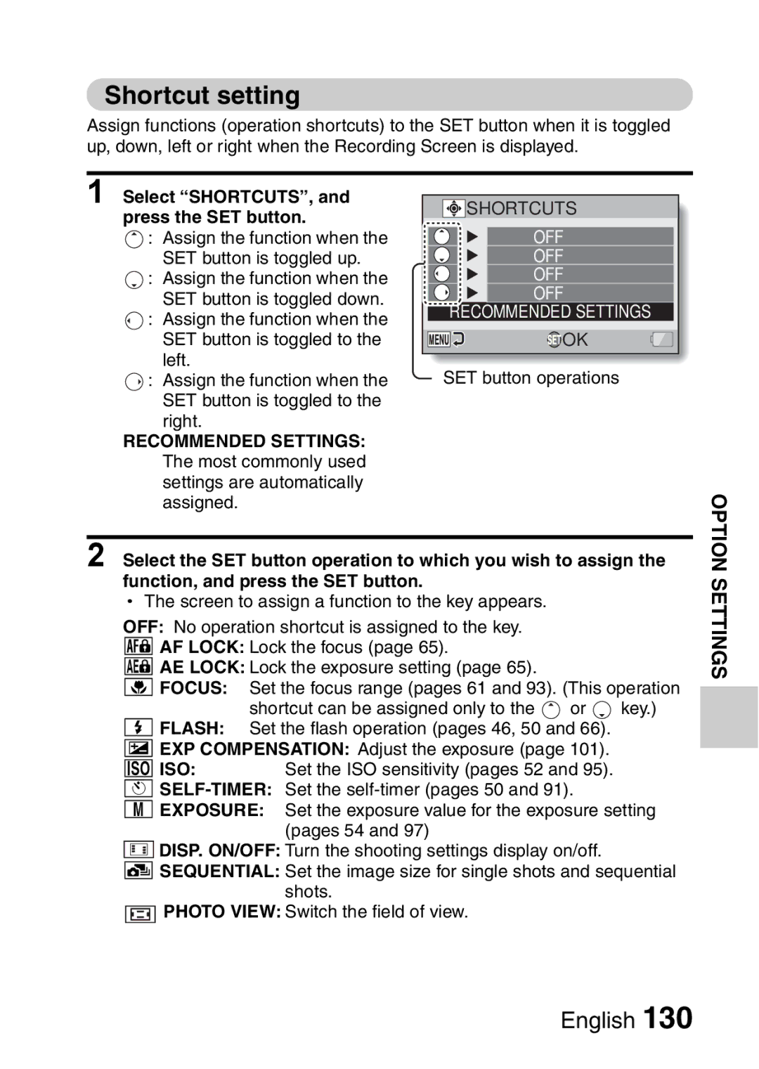 Sanyo VPC-FH1EX, VPC-FH1GX instruction manual Shortcut setting, Select SHORTCUTS, and press the SET button 