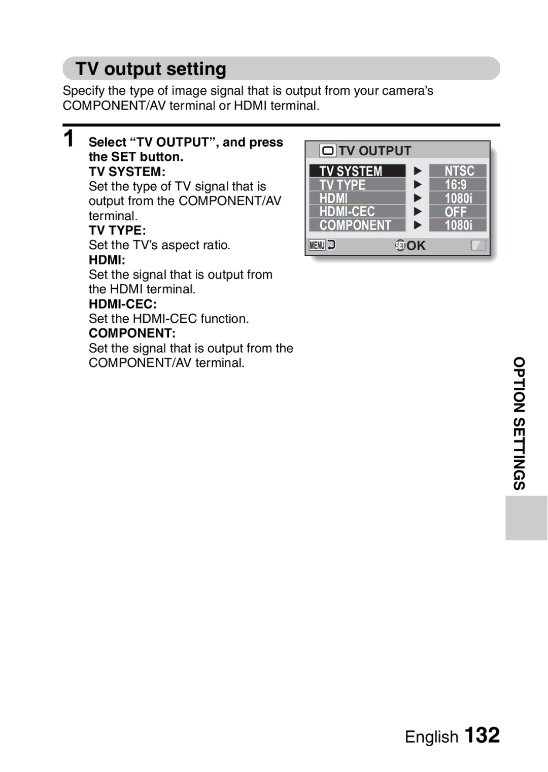 Sanyo VPC-FH1EX, VPC-FH1GX instruction manual TV output setting, Select TV OUTPUT, and press the SET button 