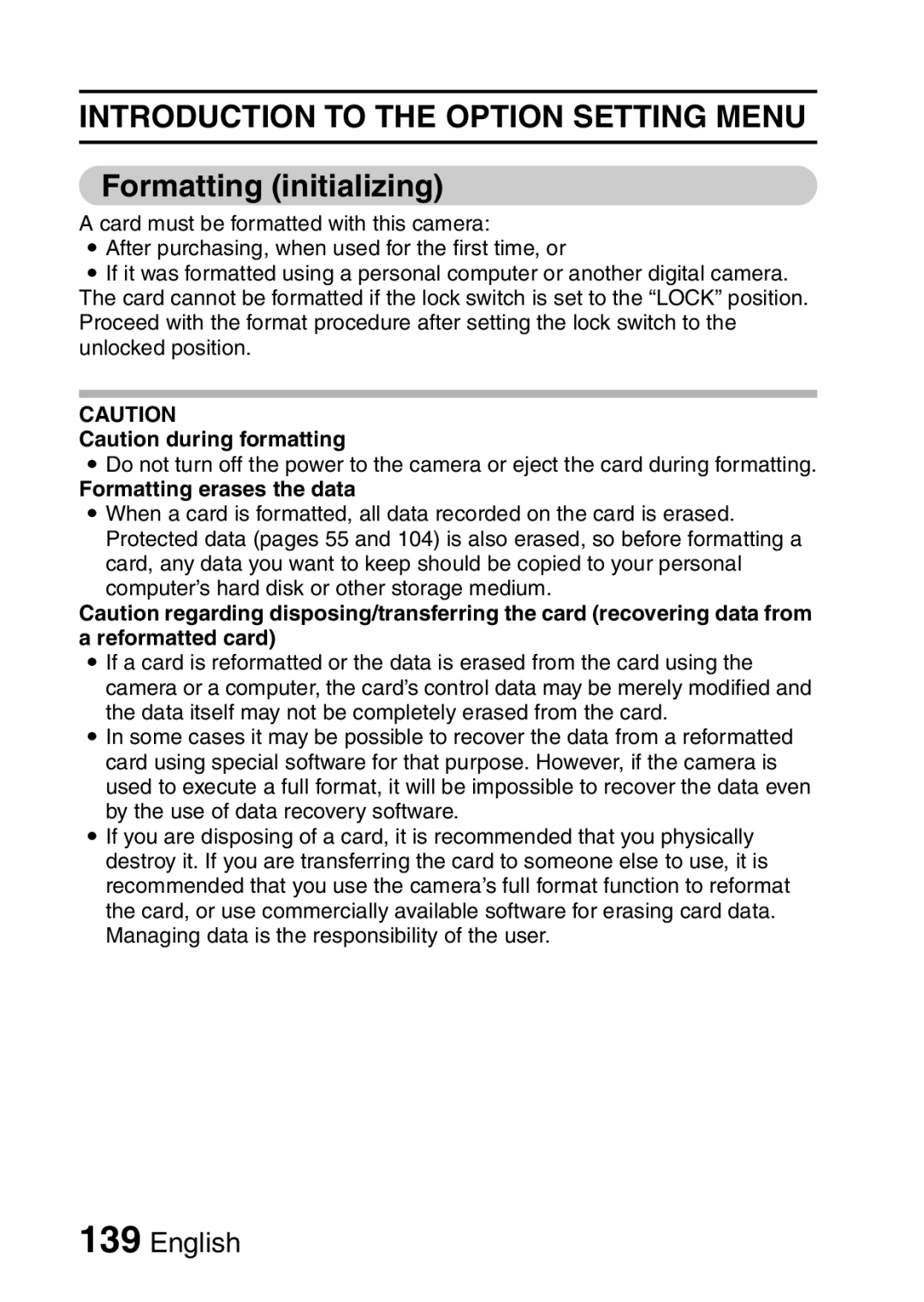 Sanyo VPC-FH1EX, VPC-FH1GX instruction manual Formatting initializing, Formatting erases the data 