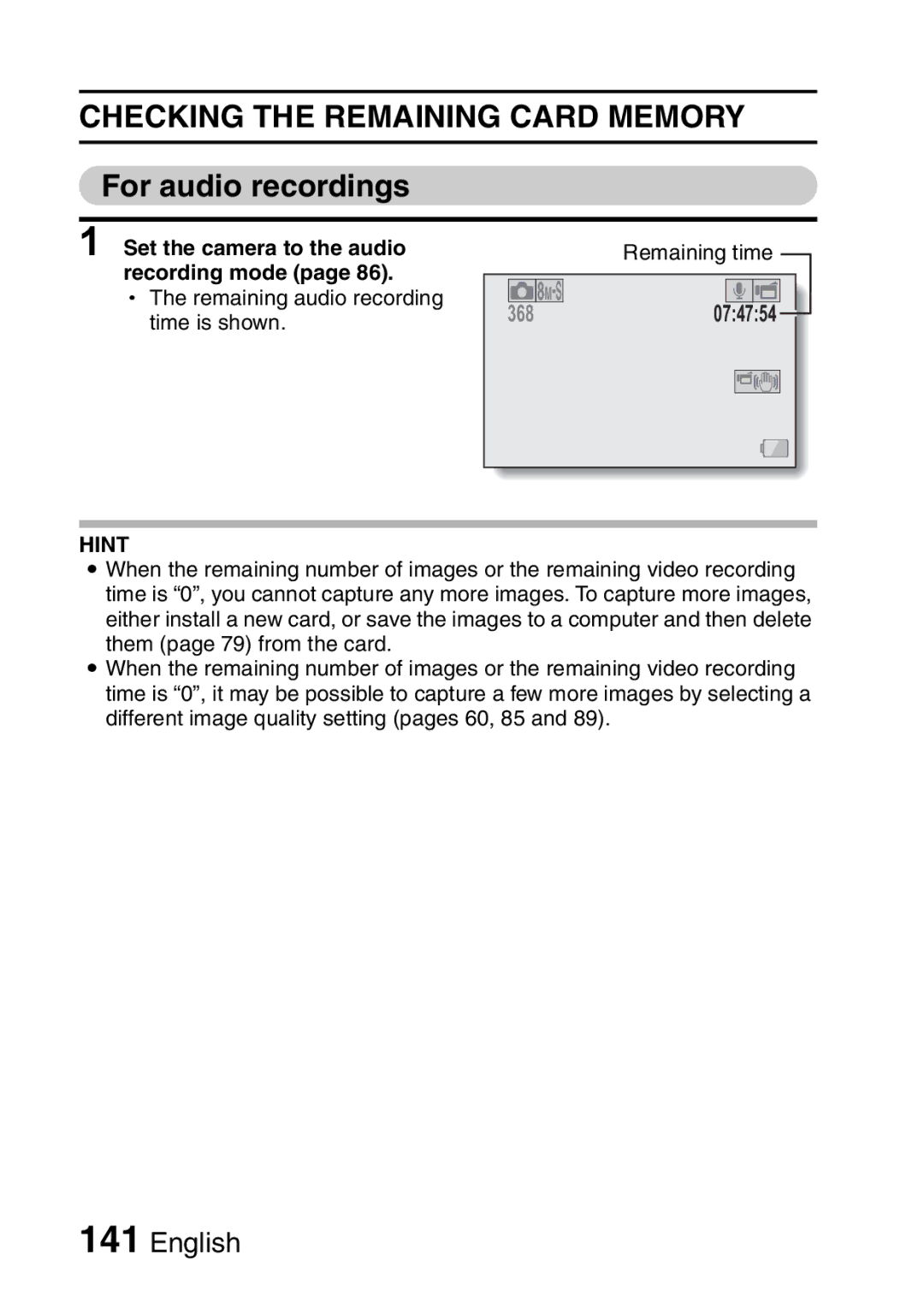 Sanyo VPC-FH1EX, VPC-FH1GX instruction manual Checking the Remaining Card Memory, For audio recordings 