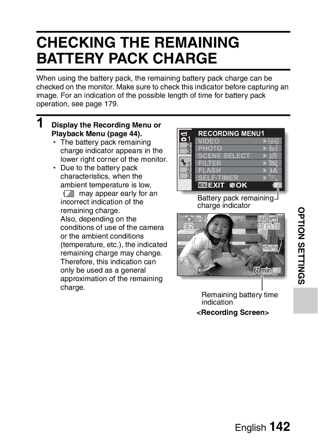 Sanyo VPC-FH1EX Checking the Remaining Battery Pack Charge, Display the Recording Menu or Playback Menu, Recording Screen 