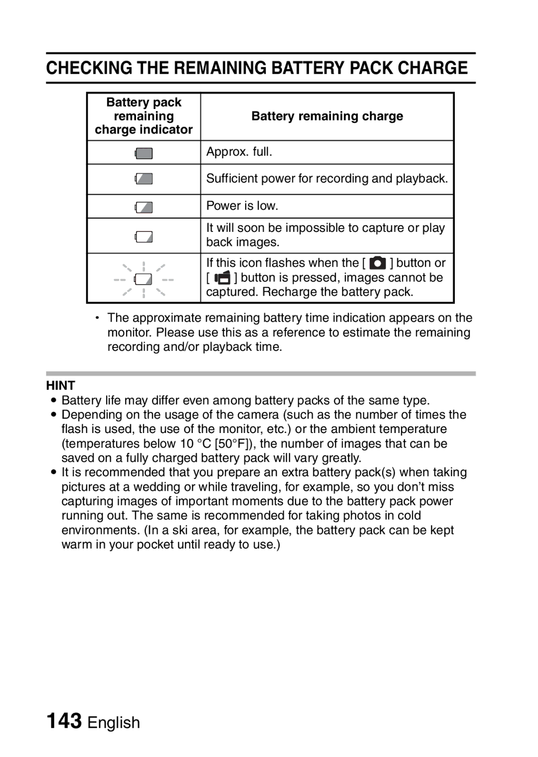 Sanyo VPC-FH1GX Checking the Remaining Battery Pack Charge, Battery pack, Battery remaining charge, Approx. full 