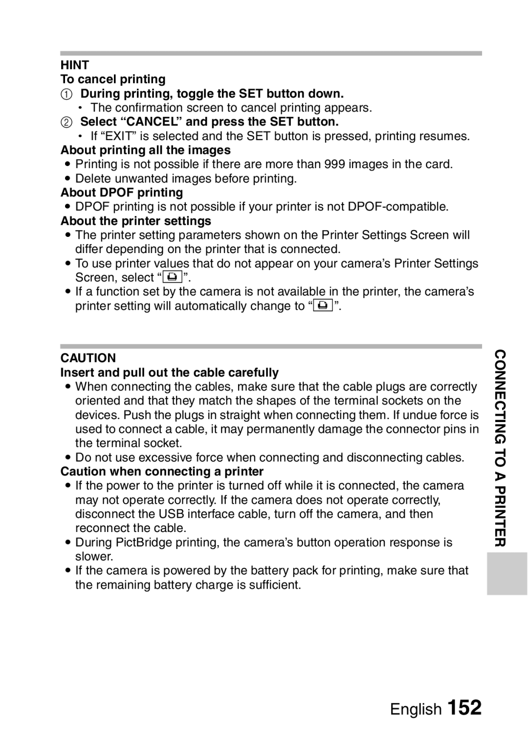 Sanyo VPC-FH1GX, VPC-FH1EX Select Cancel and press the SET button, About printing all the images, About Dpof printing 