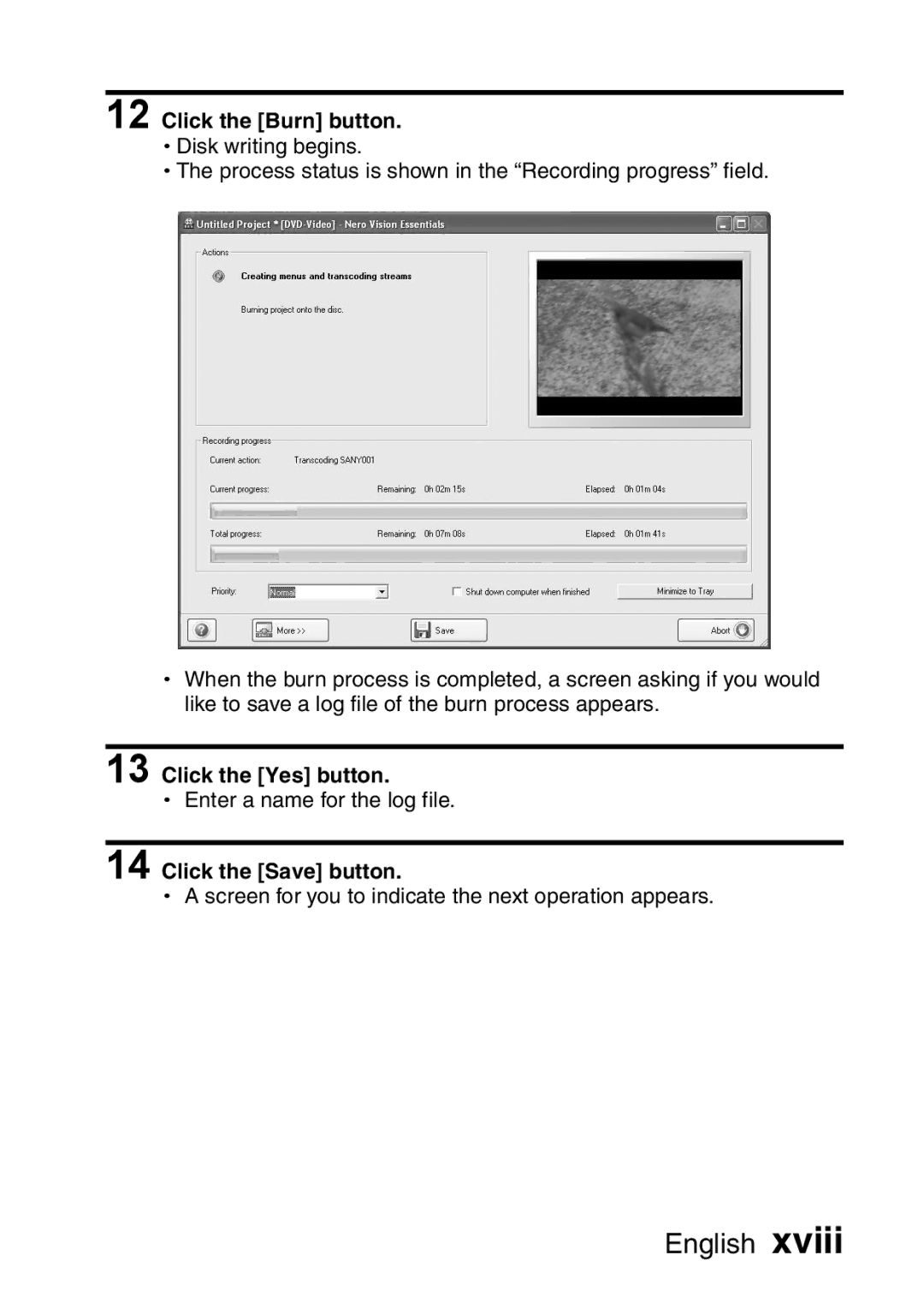 Sanyo VPC-FH1EX, VPC-FH1GX Click the Burn button. hDisk writing begins, Click the Yes button, Click the Save button 