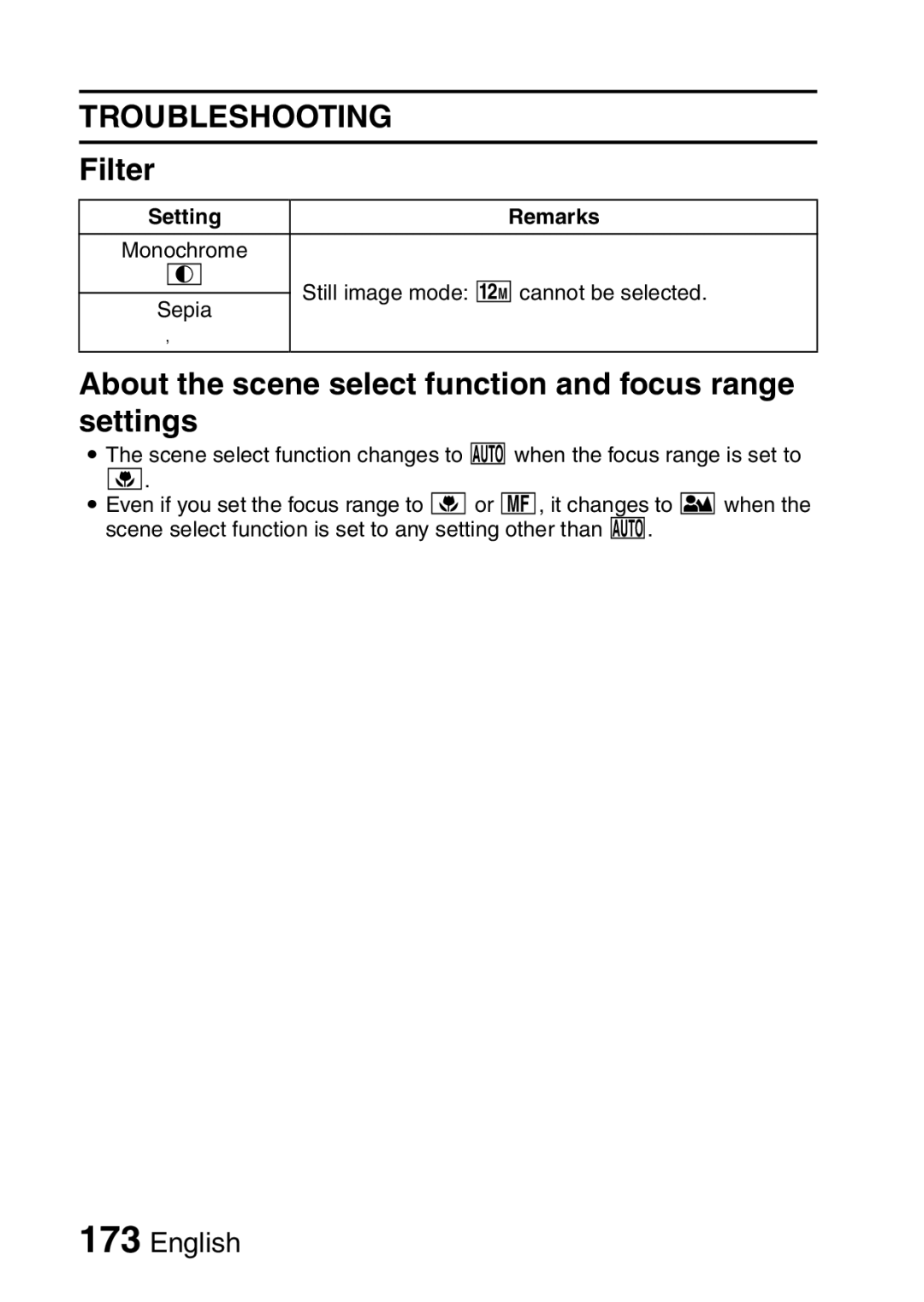 Sanyo VPC-FH1GX, VPC-FH1EX instruction manual Filter, About the scene select function and focus range settings 