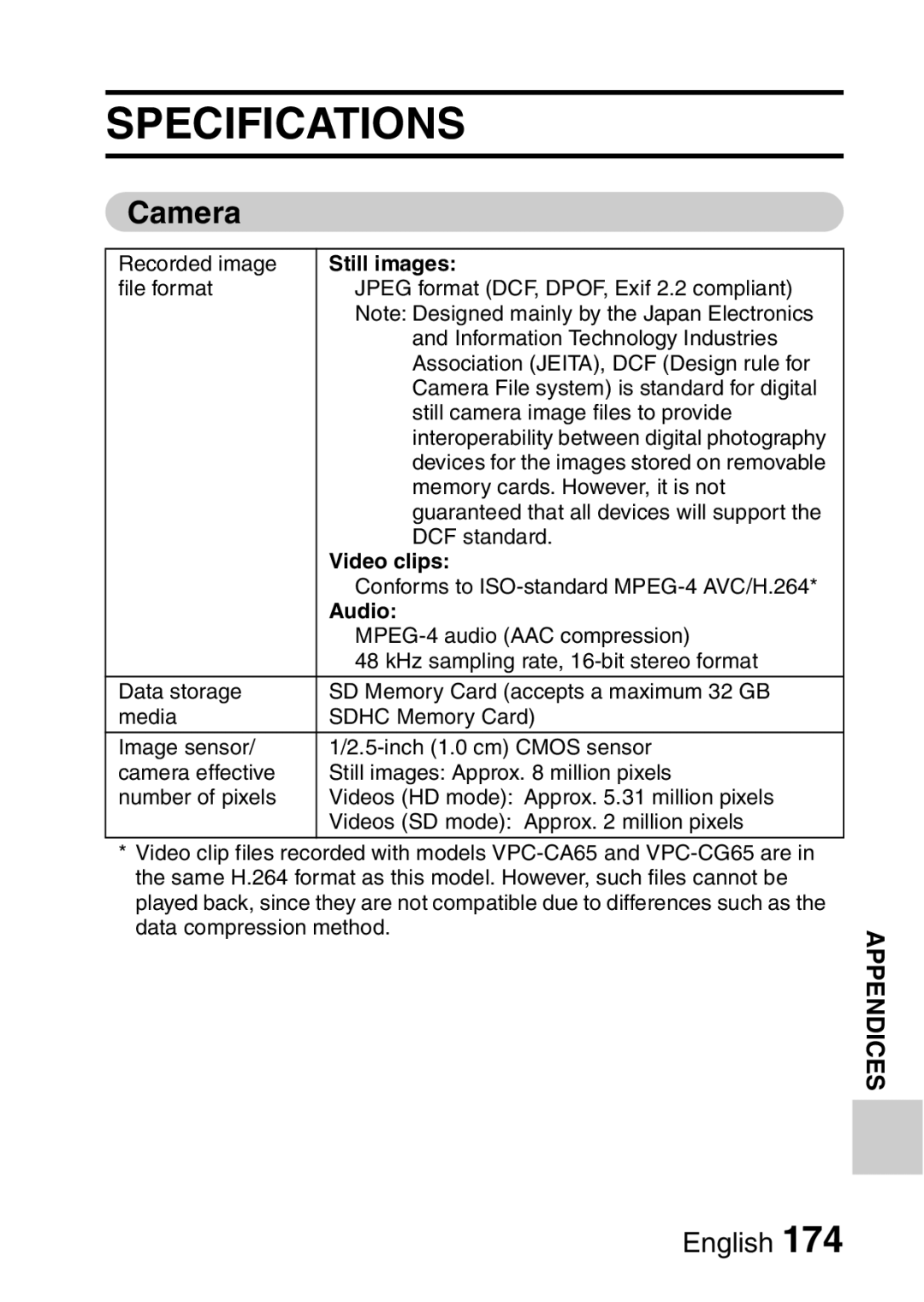 Sanyo VPC-FH1EX, VPC-FH1GX instruction manual Specifications, Still images, Video clips, Audio 