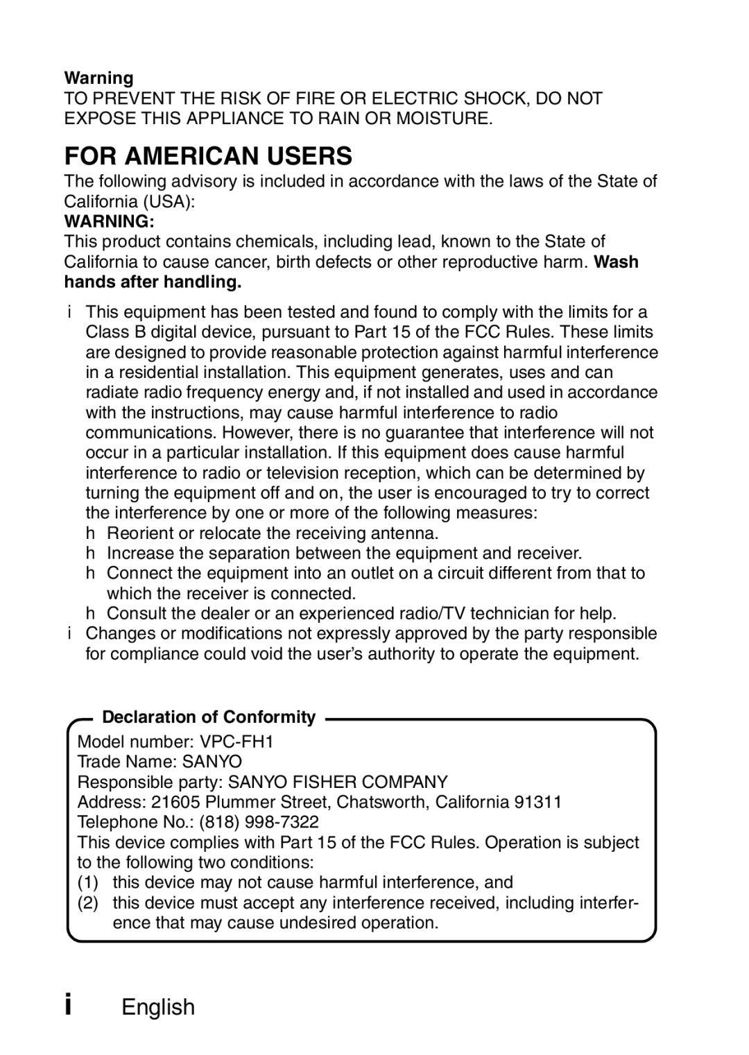 Sanyo VPC-FH1GX, VPC-FH1EX instruction manual For American Users, Declaration of Conformity 