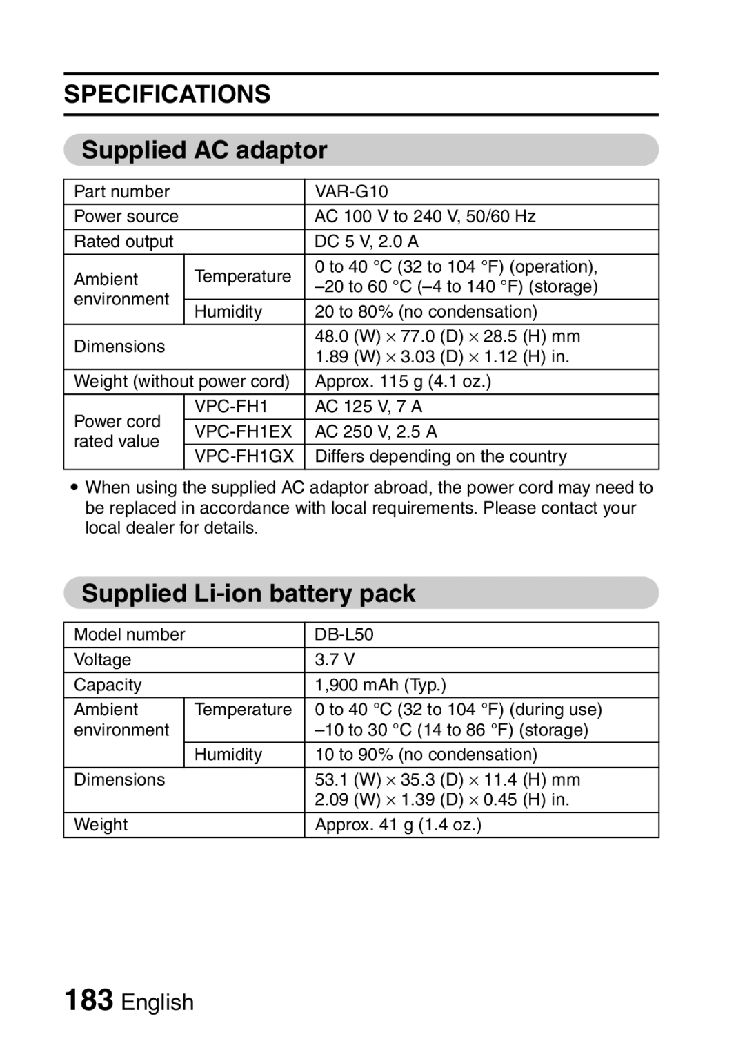 Sanyo VPC-FH1EX, VPC-FH1GX instruction manual Supplied AC adaptor, Supplied Li-ion battery pack 