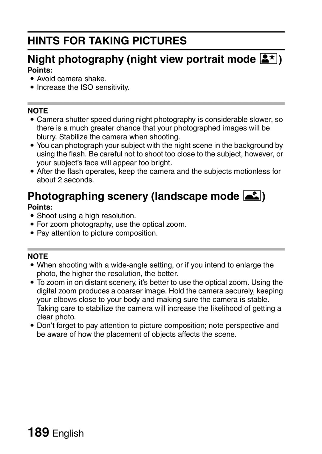 Sanyo VPC-FH1EX, VPC-FH1GX Night photography night view portrait mode, Photographing scenery landscape mode + 