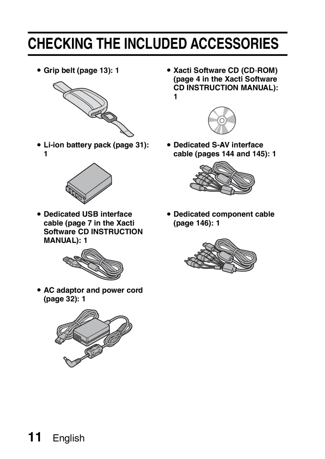 Sanyo VPC-FH1GX, VPC-FH1EX instruction manual Grip belt page 13 Xacti Software CD CD -ROM, AC adaptor and power cord page 32 