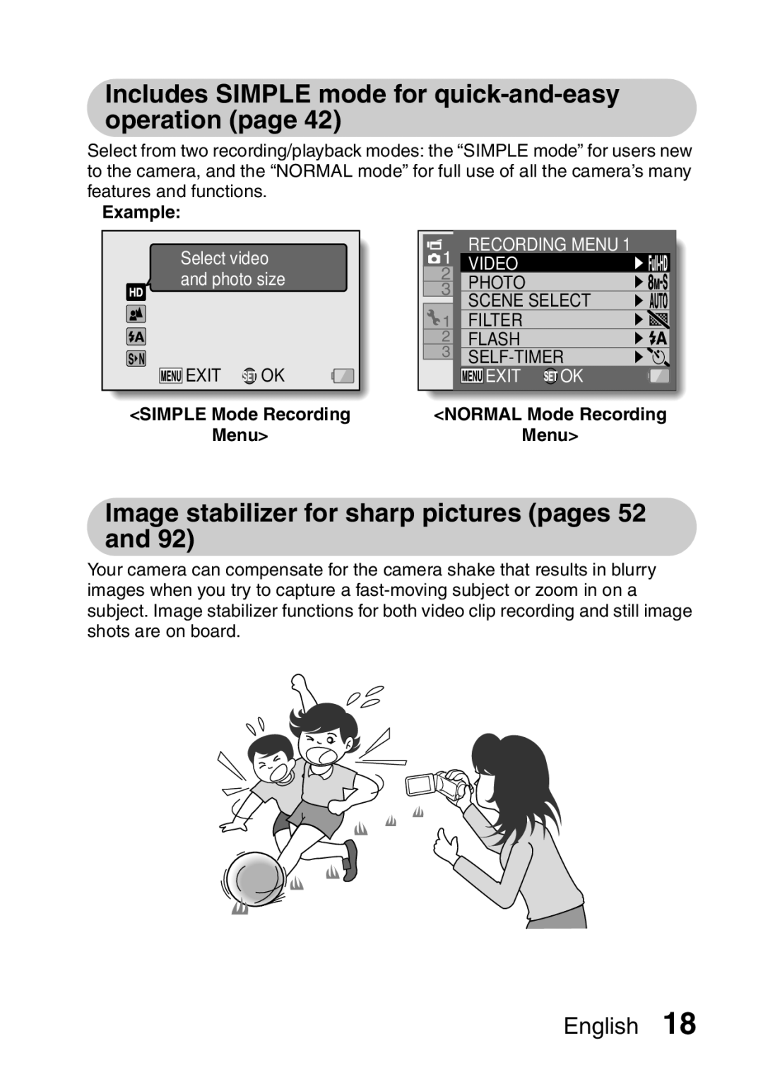 Sanyo VPC-FH1 Includes Simple mode for quick-and-easy operation, Image stabilizer for sharp pictures pages 52, Example 