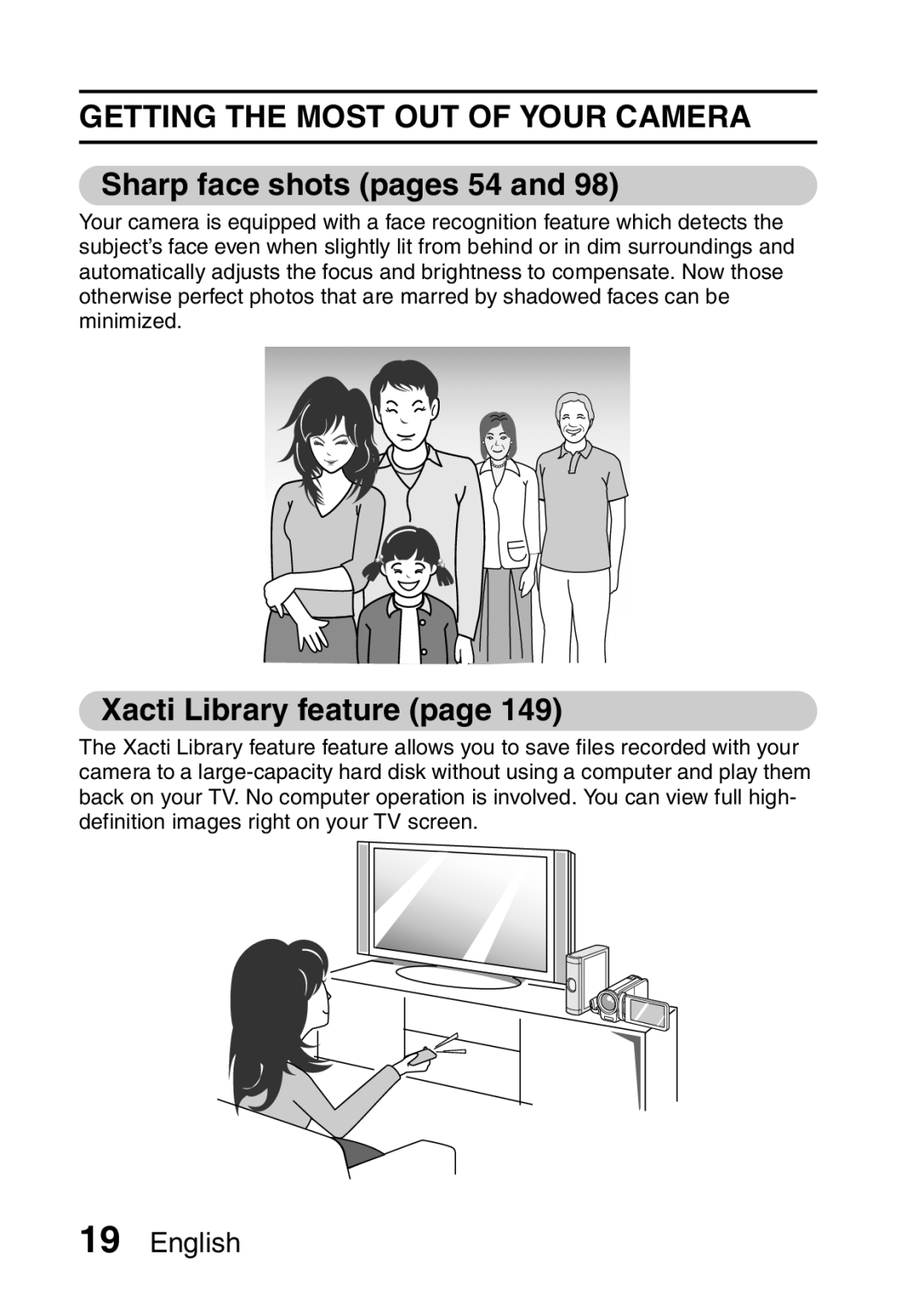 Sanyo VPC-FH1EX, VPC-FH1GX Getting the Most OUT of Your Camera, Sharp face shots pages 54, Xacti Library feature 