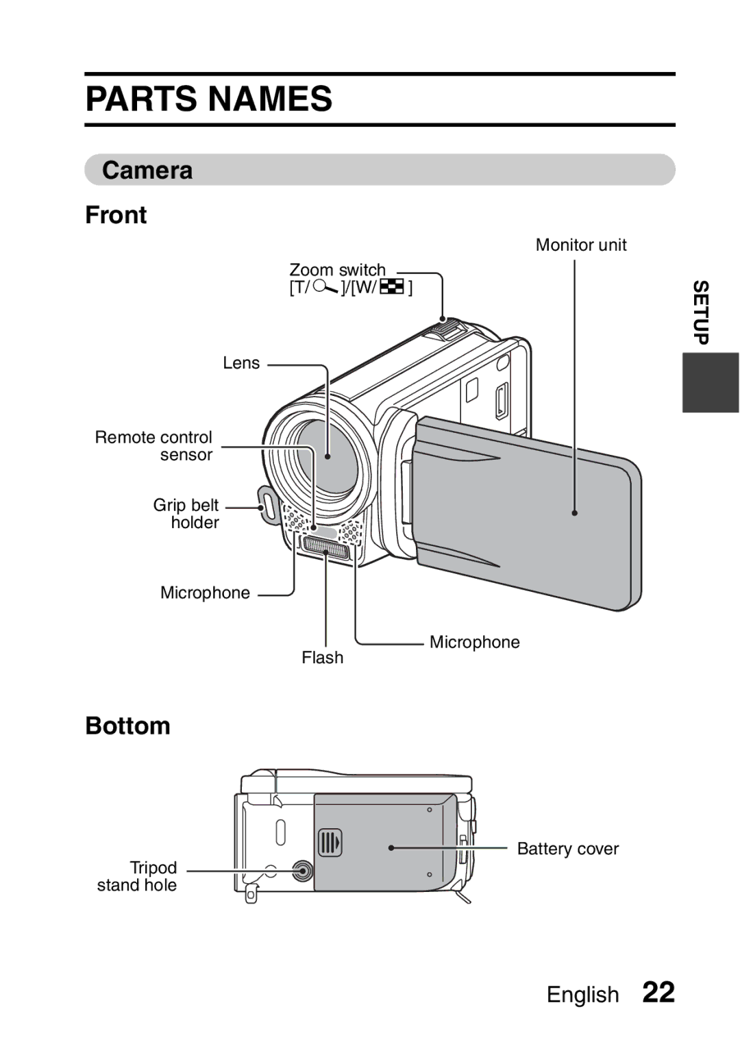 Sanyo VPC-FH1EX, VPC-FH1GX instruction manual Parts Names, Camera Front, Bottom 