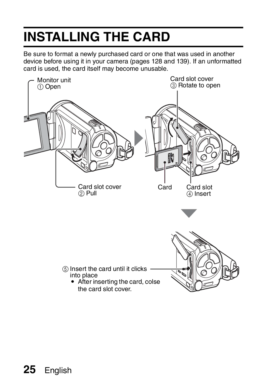 Sanyo VPC-FH1EX, VPC-FH1GX instruction manual Installing the Card 