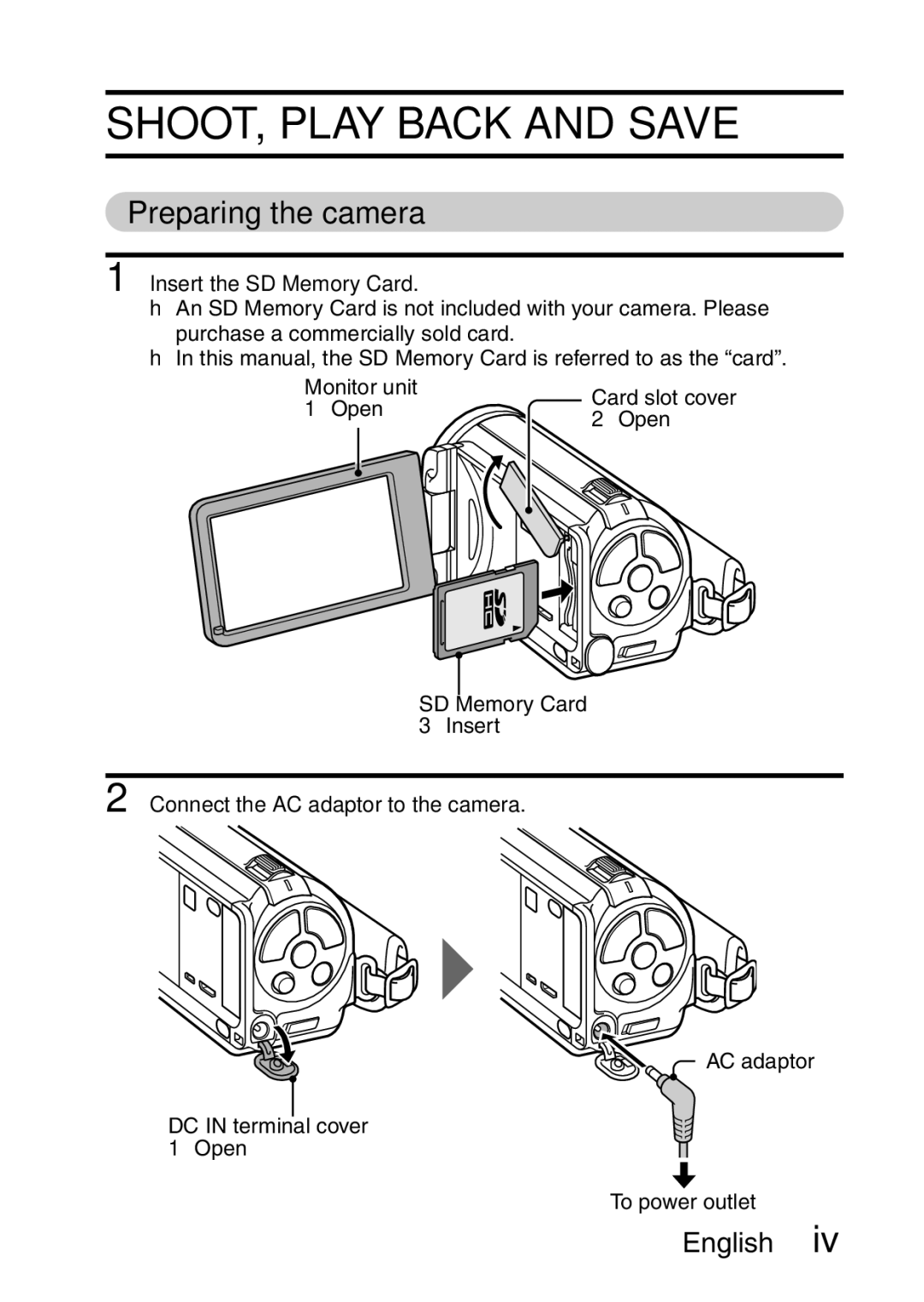 Sanyo VPC-FH1GX, VPC-FH1EX instruction manual SHOOT, Play Back and Save, Preparing the camera, Insert the SD Memory Card 