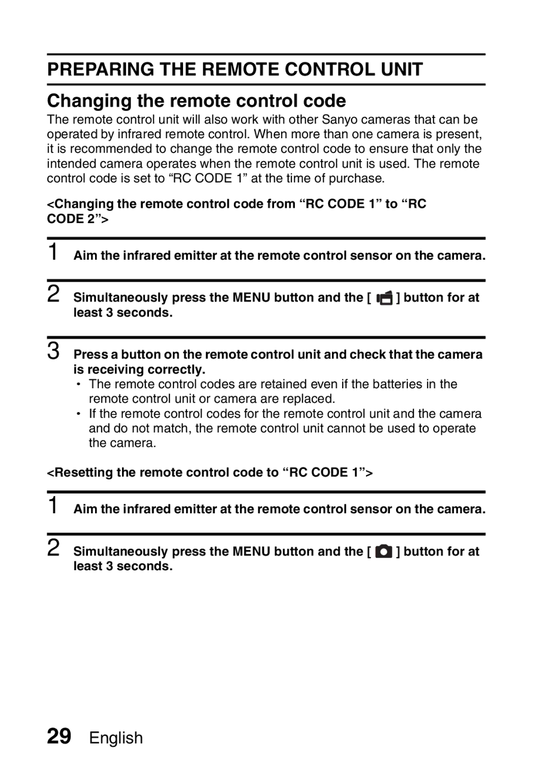 Sanyo VPC-FH1GX, VPC-FH1EX instruction manual Preparing the Remote Control Unit, Changing the remote control code 