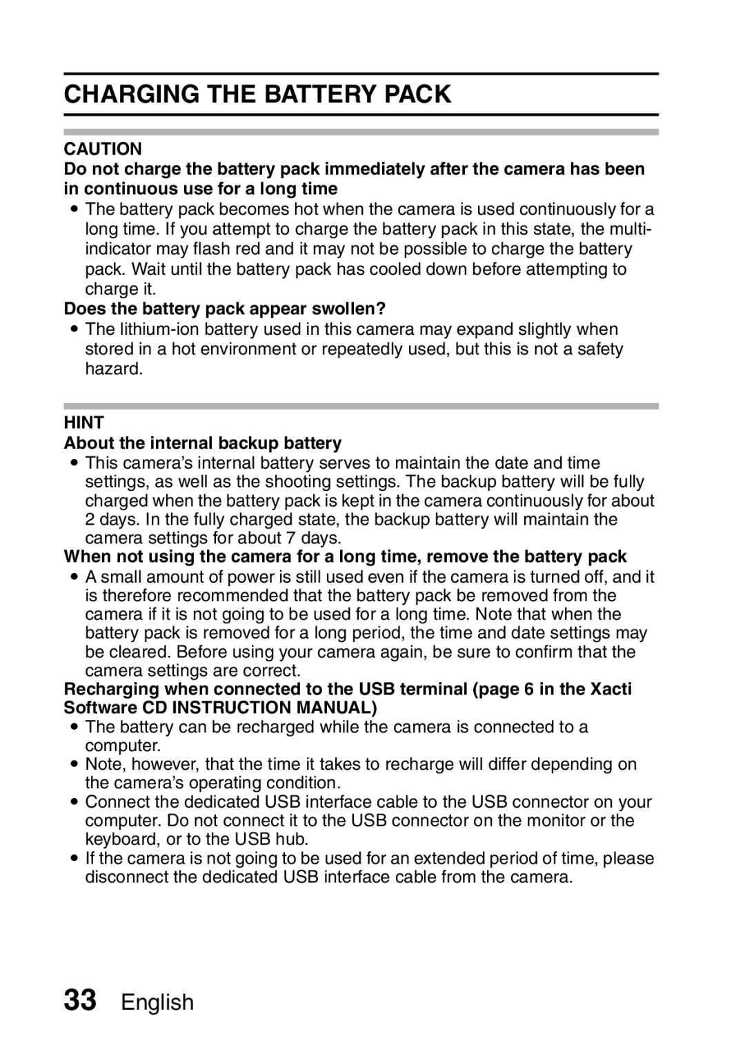 Sanyo VPC-FH1EX, VPC-FH1GX instruction manual Does the battery pack appear swollen?, About the internal backup battery 