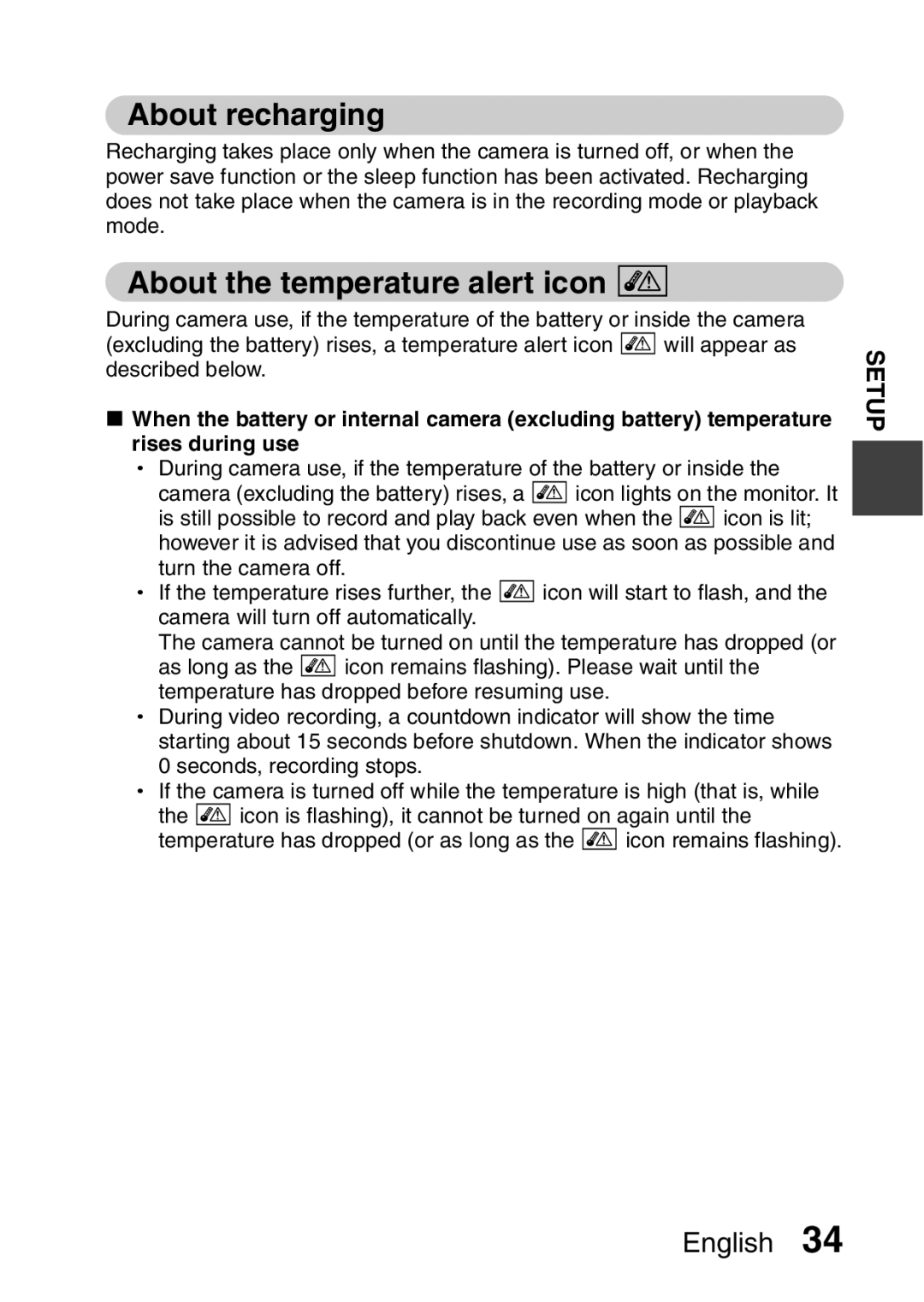 Sanyo VPC-FH1EX, VPC-FH1GX instruction manual About recharging, About the temperature alert icon 