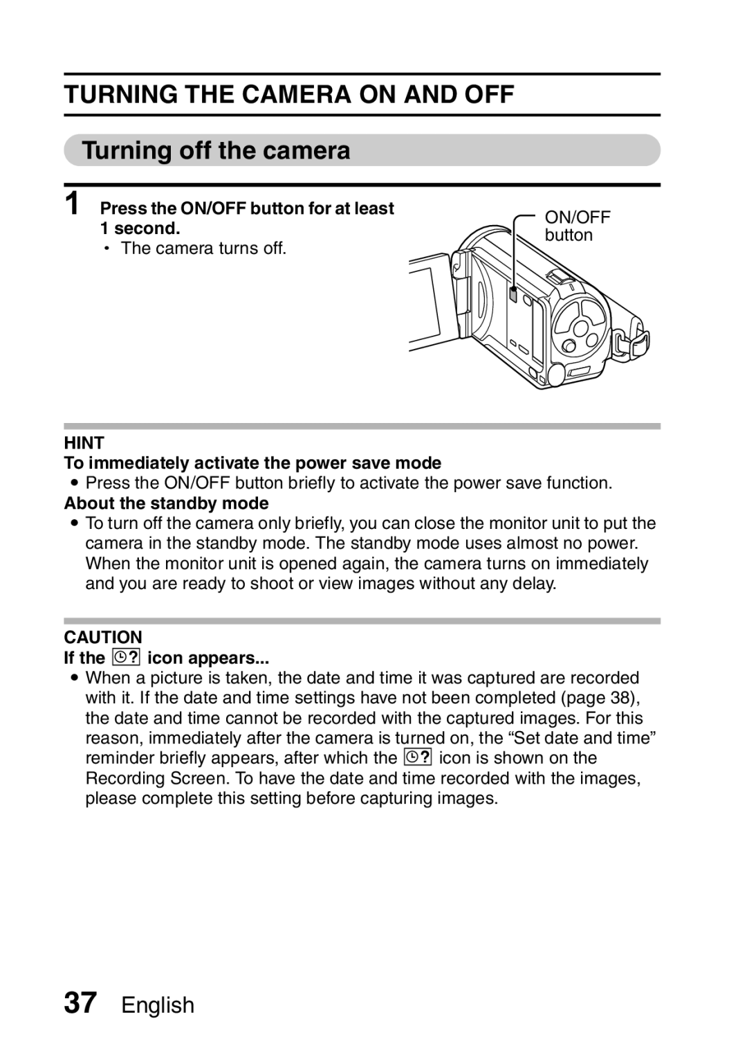 Sanyo VPC-FH1EX, VPC-FH1GX instruction manual Turning the Camera on and OFF, Turning off the camera 