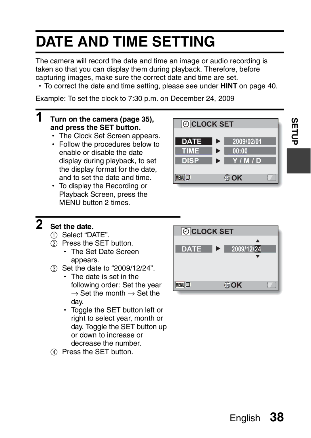 Sanyo VPC-FH1GX, VPC-FH1EX Date and Time Setting, Turn on the camera page 35, and press the SET button, Set the date 