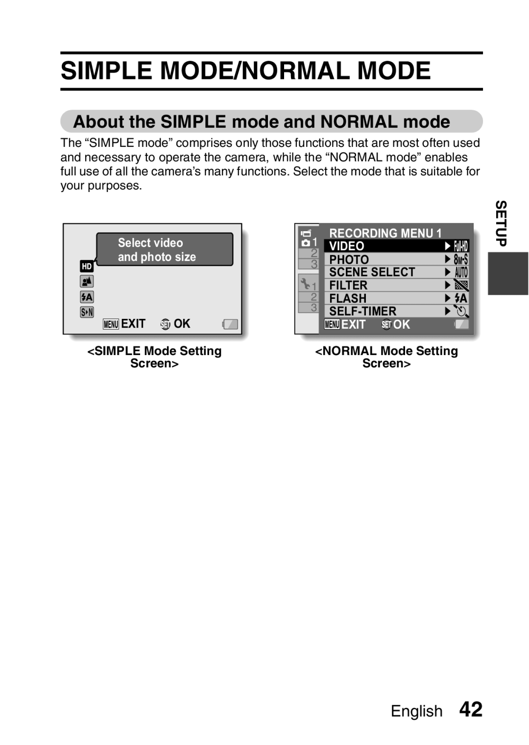 Sanyo VPC-FH1EX, VPC-FH1GX Simple MODE/NORMAL Mode, About the Simple mode and Normal mode, Simple Mode Setting Screen 