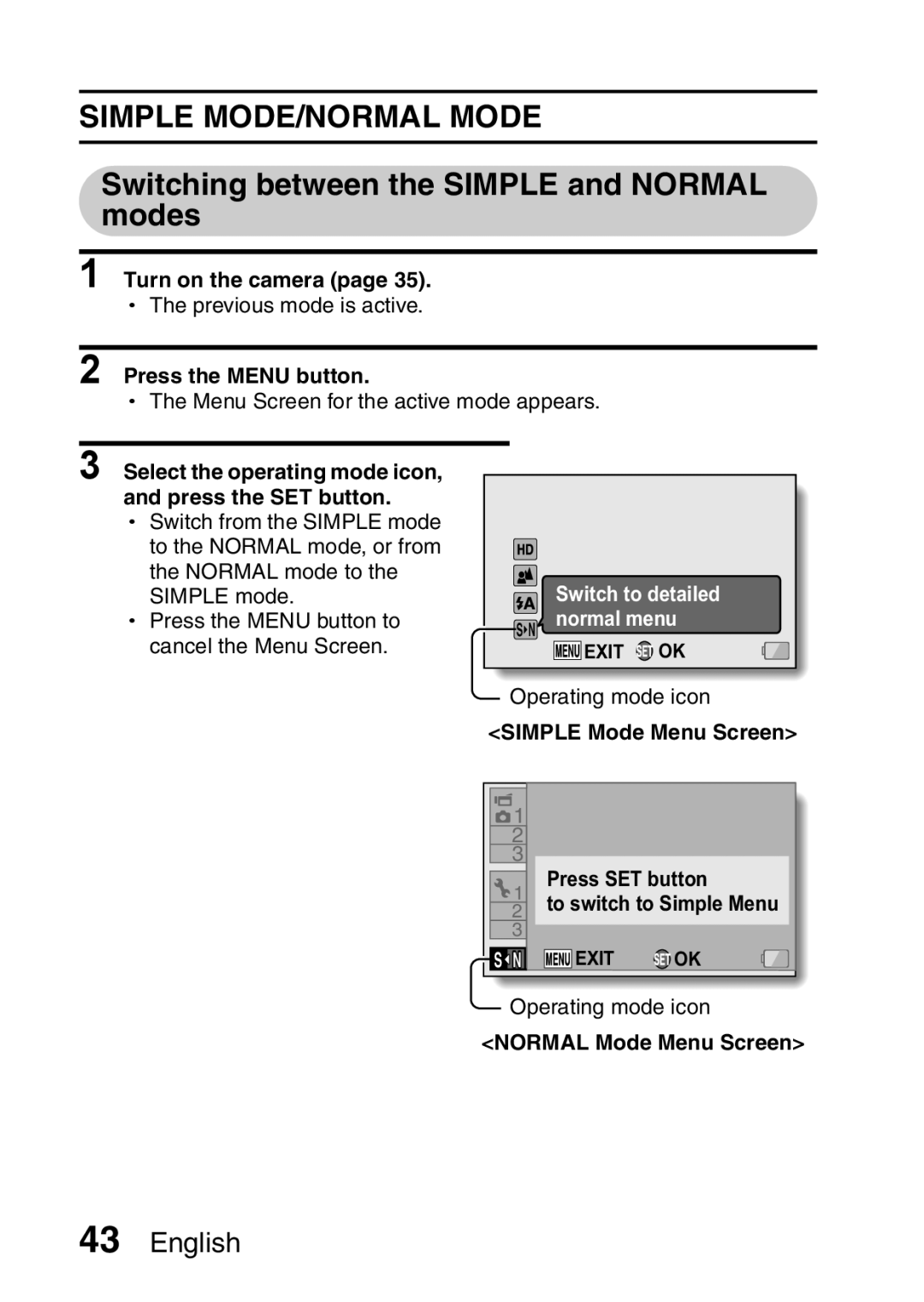 Sanyo VPC-FH1EX, VPC-FH1GX Simple MODE/NORMAL Mode, Switching between the Simple and Normal modes, Normal Mode Menu Screen 