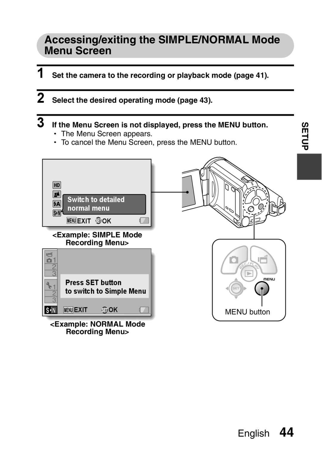 Sanyo VPC-FH1GX, VPC-FH1EX Accessing/exiting the SIMPLE/NORMAL Mode Menu Screen, Example Simple Mode Recording Menu 