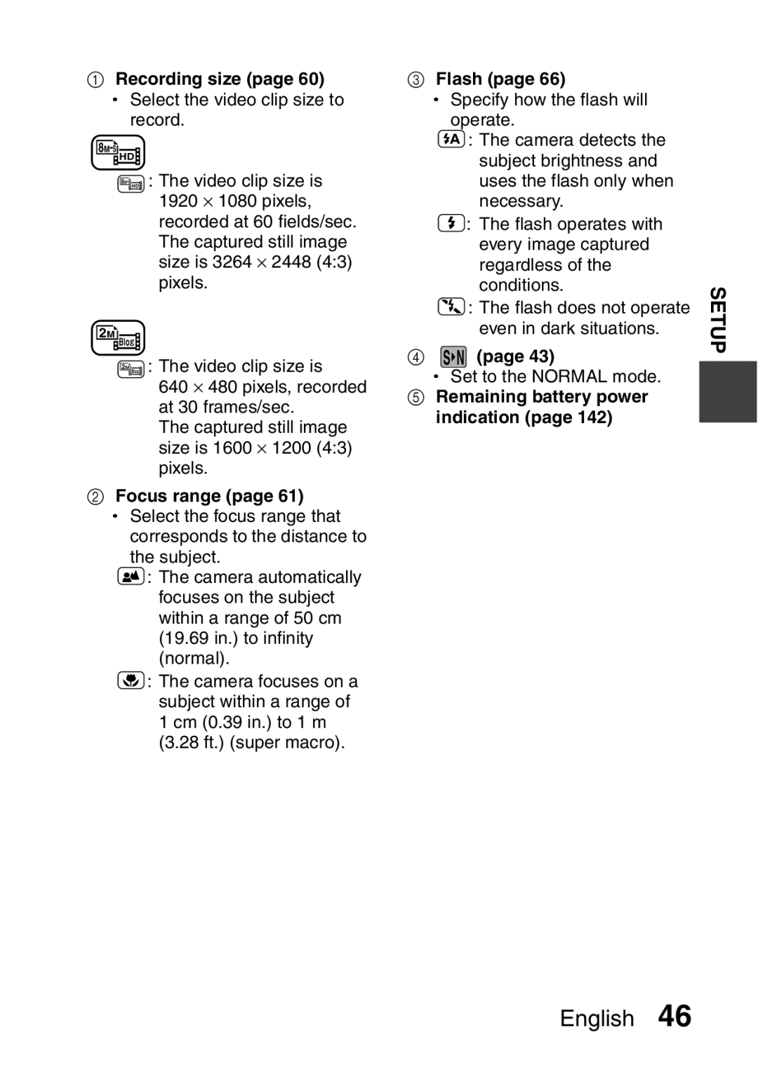 Sanyo VPC-FH1EX, VPC-FH1GX instruction manual Recording size page 60 h Select the video clip size to, Focus range, Flash 