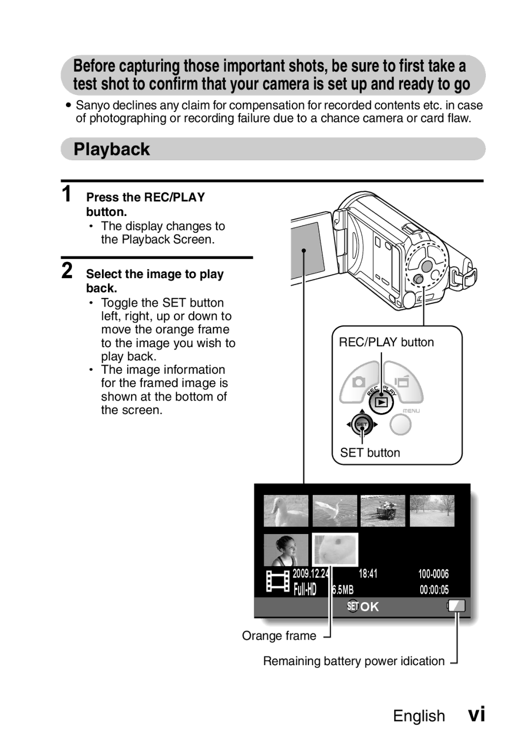 Sanyo VPC-FH1EX, VPC-FH1GX instruction manual Playback, Press the REC/PLAY Button, Select the image to play Back 