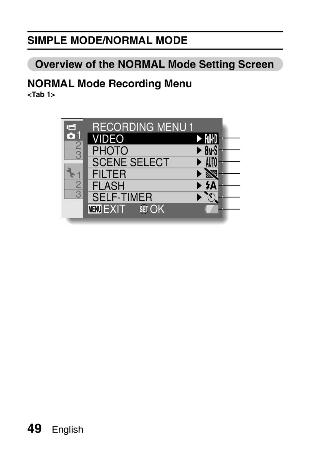 Sanyo VPC-FH1EX, VPC-FH1GX instruction manual Exit OK, Tab 