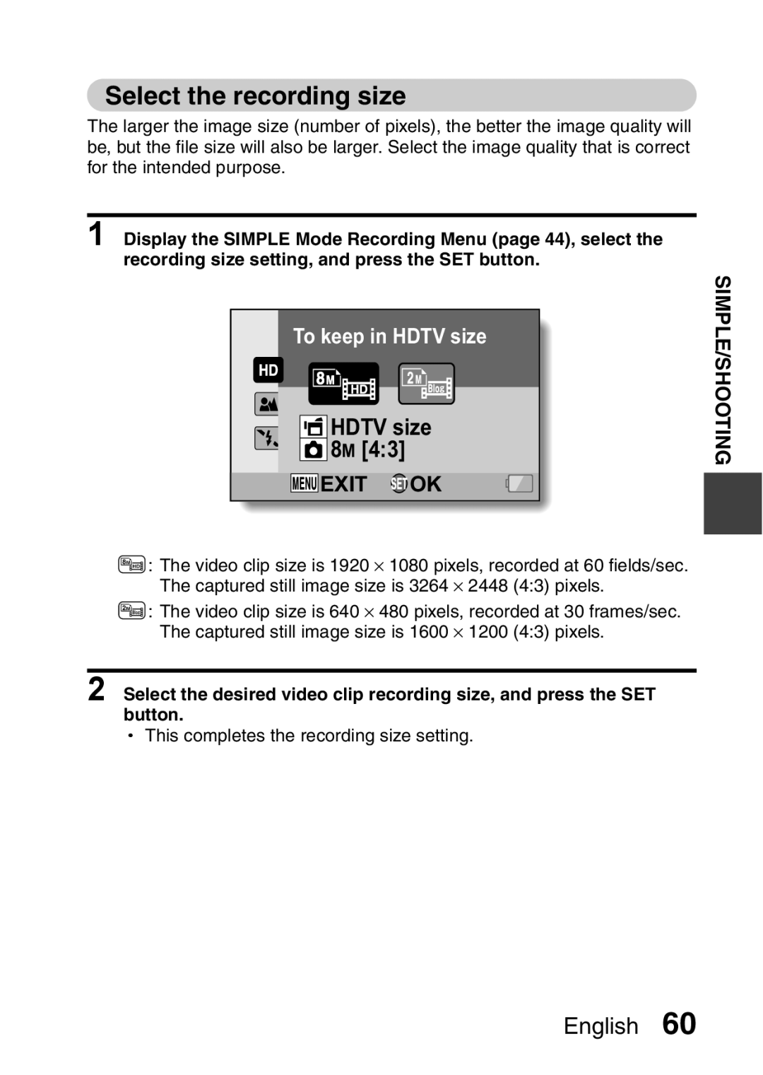 Sanyo VPC-FH1EX, VPC-FH1GX instruction manual Select the recording size, Hdtv size 