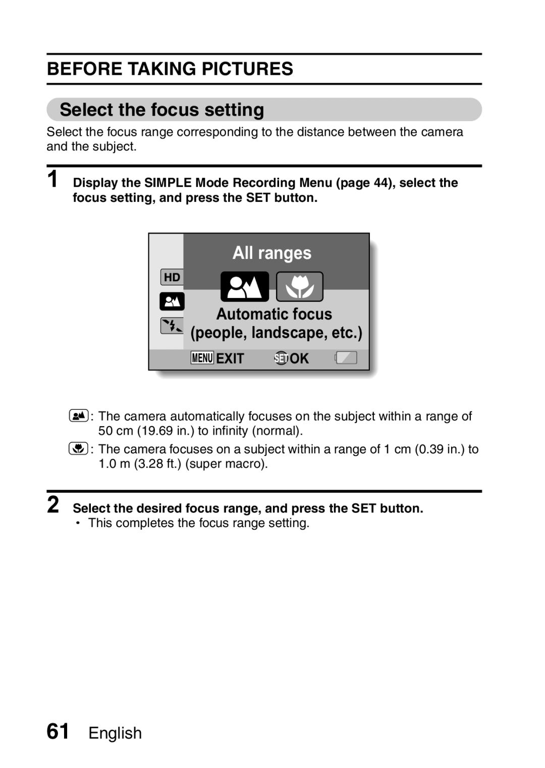 Sanyo VPC-FH1EX, VPC-FH1GX Select the focus setting, Select the desired focus range, and press the SET button 