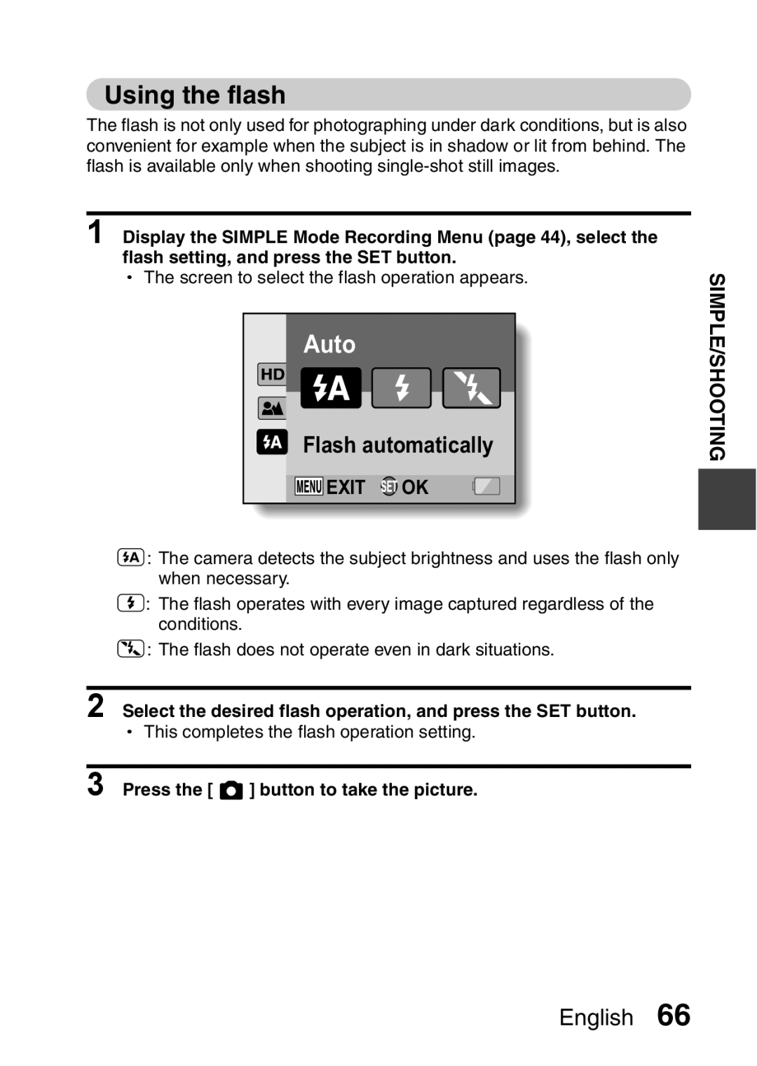 Sanyo VPC-FH1EX, VPC-FH1GX instruction manual Using the flash, Press the button to take the picture 