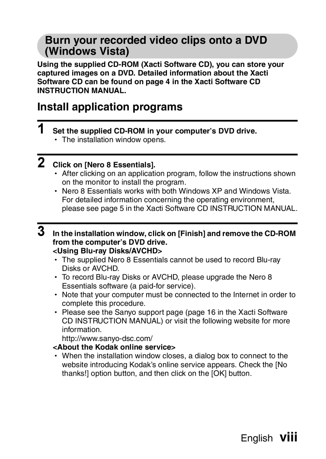 Sanyo VPC-FH1EX, VPC-FH1GX Set the supplied CD-ROM in your computer’s DVD drive, Click on Nero 8 Essentials 