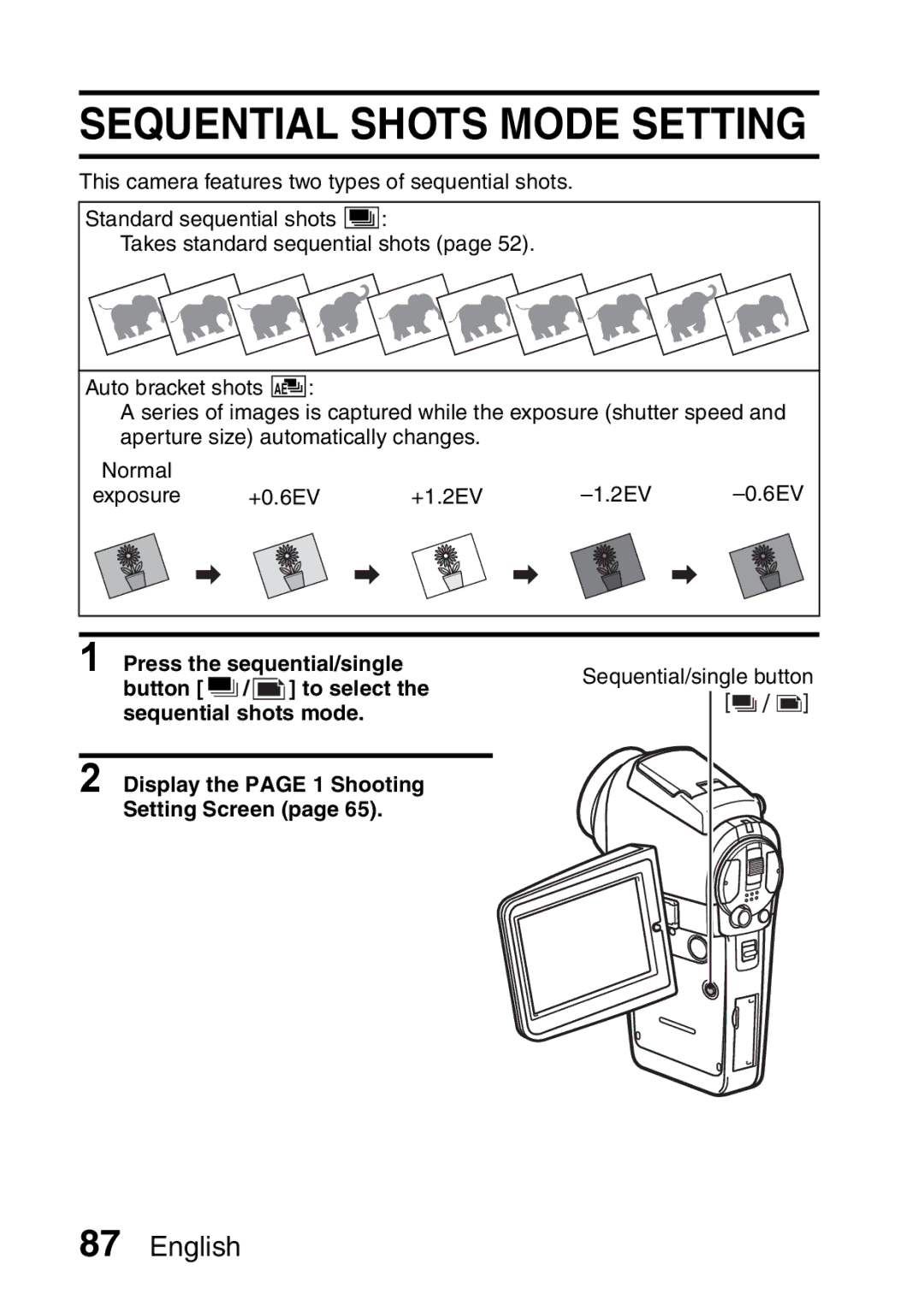 Sanyo VPC-HD1A instruction manual Sequential Shots Mode Setting 