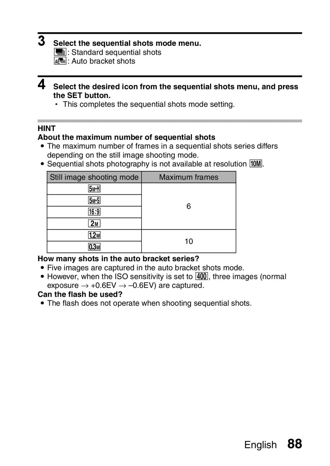 Sanyo VPC-HD1A instruction manual About the maximum number of sequential shots, How many shots in the auto bracket series? 