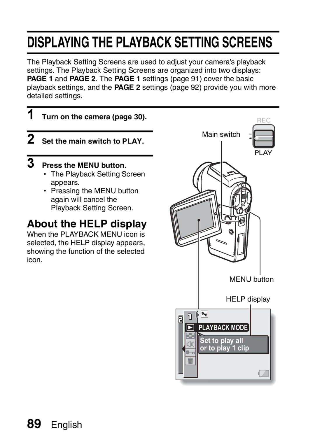 Sanyo VPC-HD1A instruction manual Displaying the Playback Setting Screens, Playback Mode 