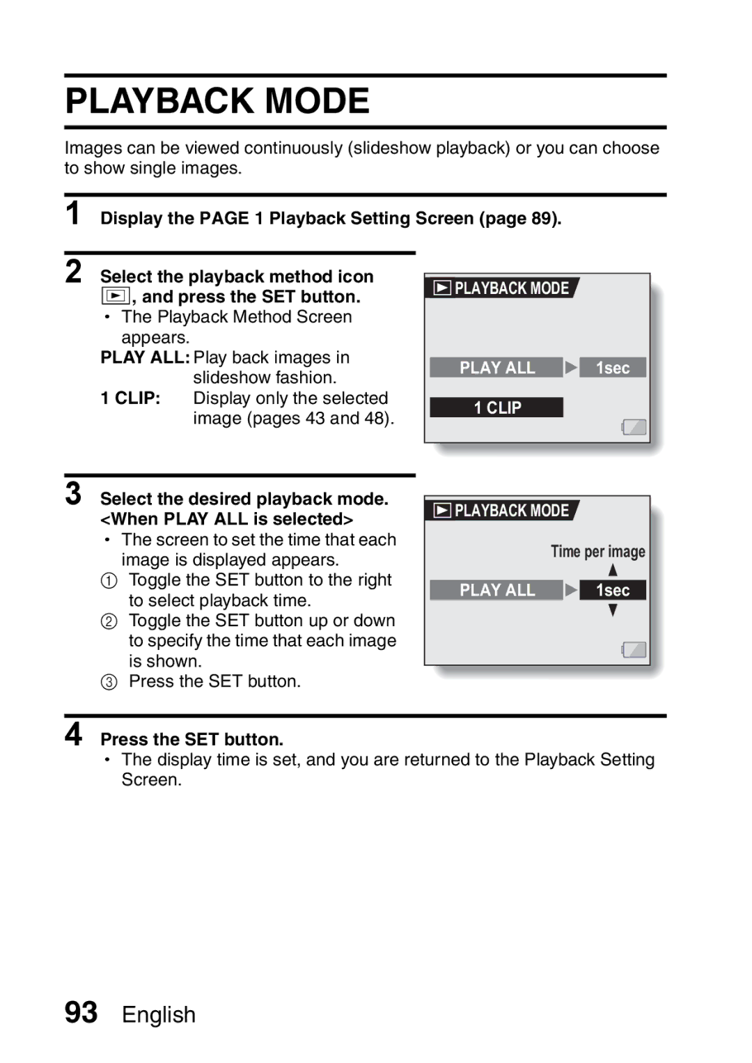 Sanyo VPC-HD1A Playback Mode, Display the page 1 Playback Setting Screen, Select the playback method icon, Play ALL 