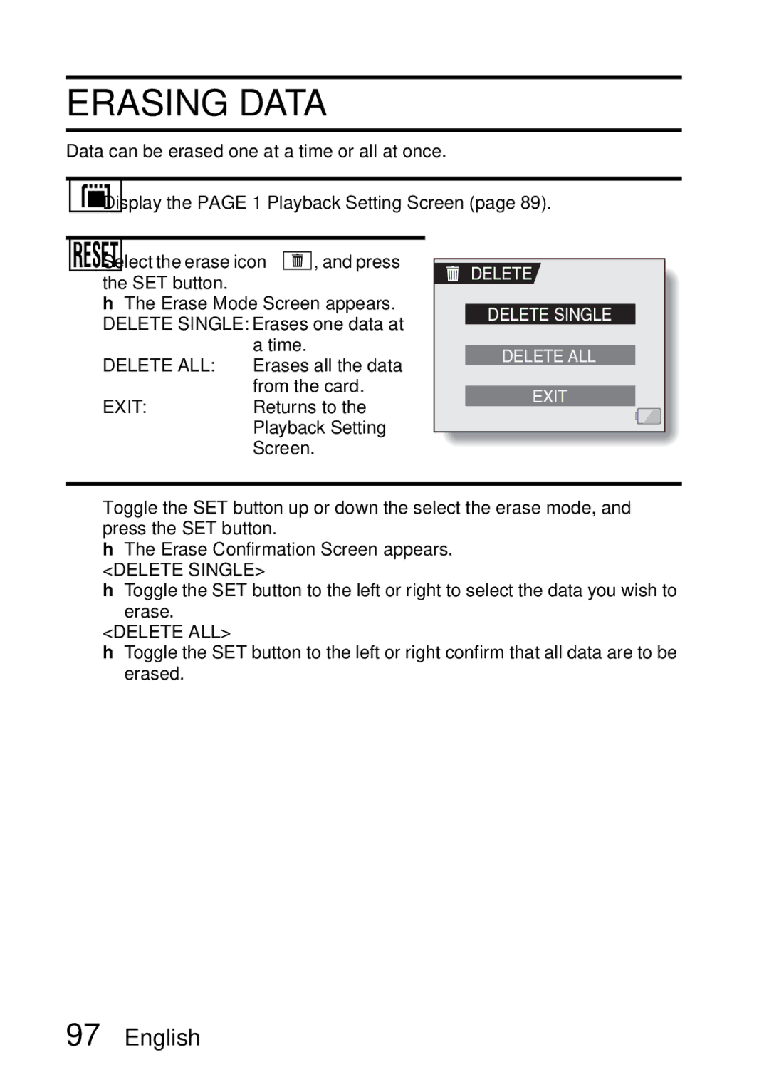 Sanyo VPC-HD1A instruction manual Erasing Data, Delete Delete Single Delete ALL Exit 