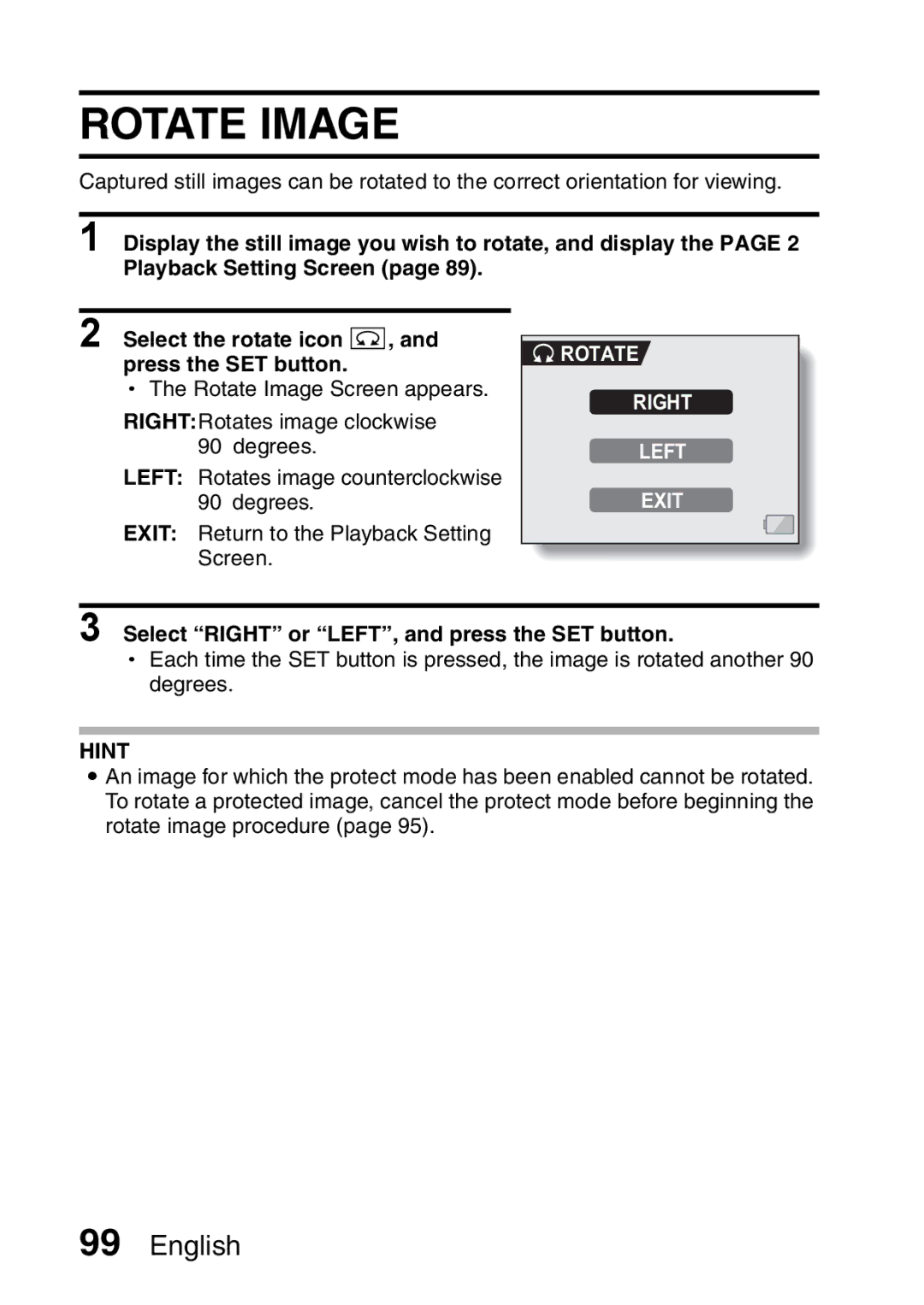 Sanyo VPC-HD1A instruction manual Rotate Image, Select Right or LEFT, and press the SET button 