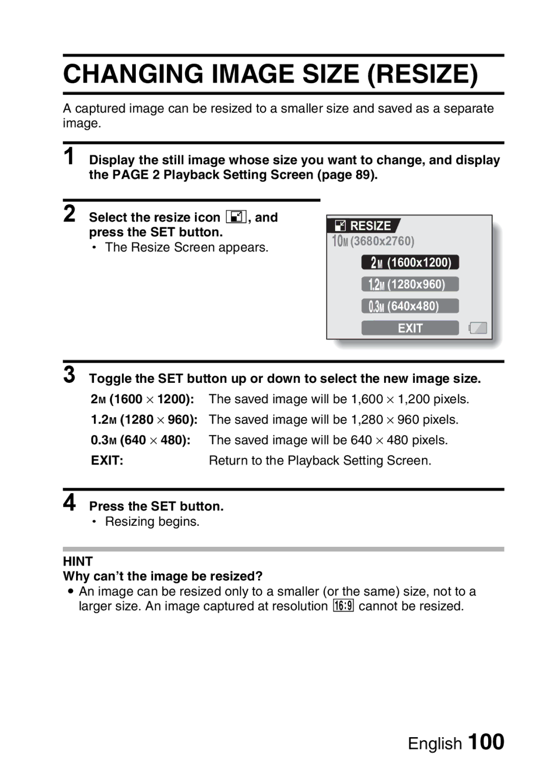 Sanyo VPC-HD1A instruction manual Changing Image Size Resize, Why can’t the image be resized? 