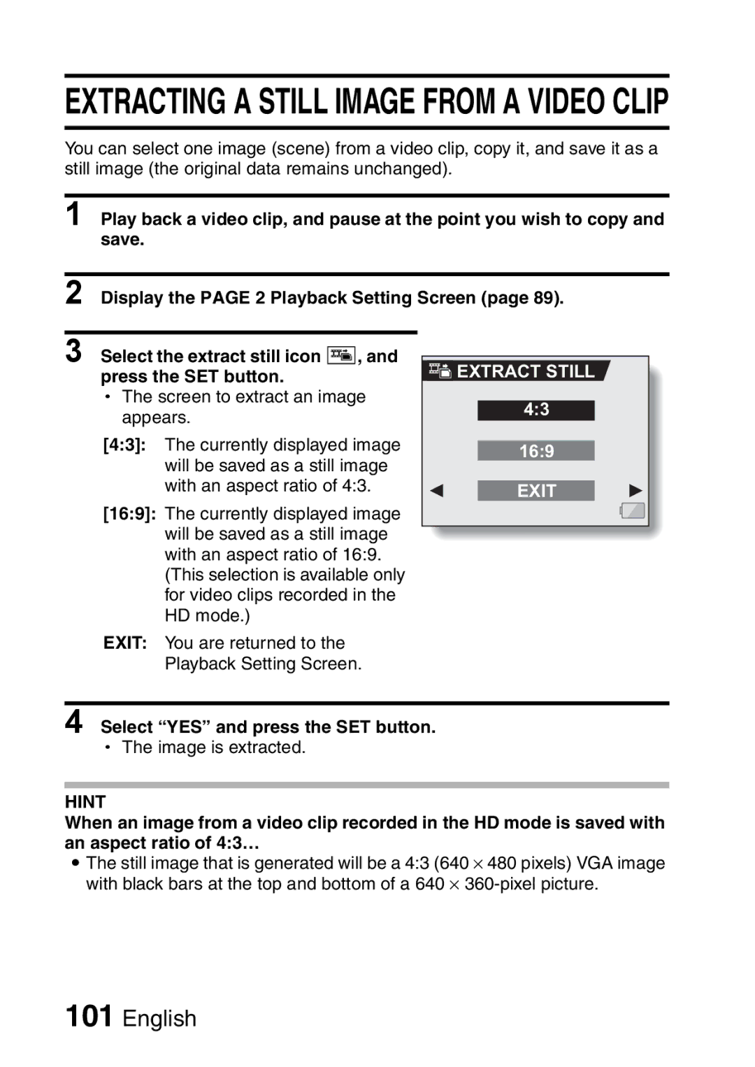 Sanyo VPC-HD1A instruction manual Extract Still, Select YES and press the SET button 